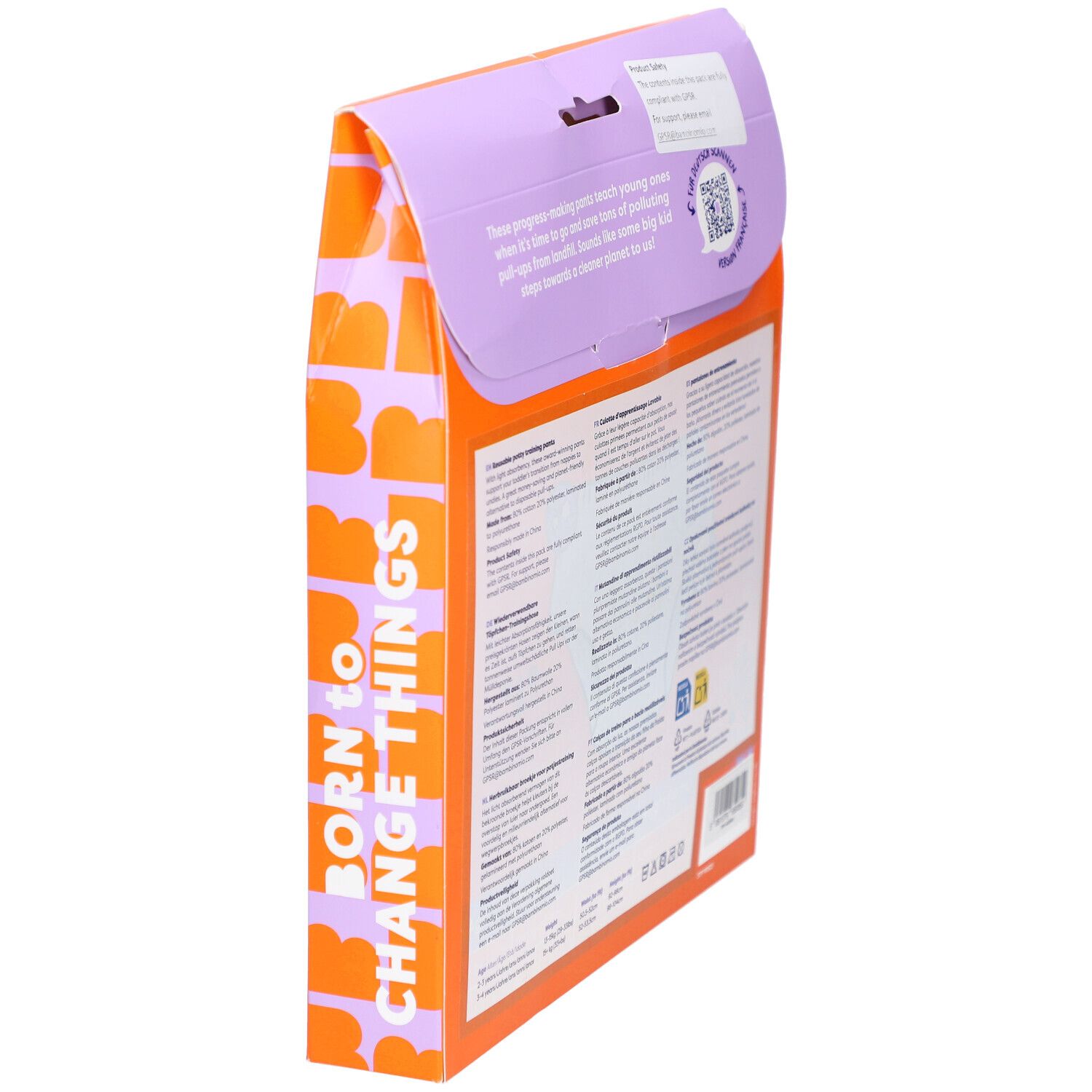 Rückansicht der Verpackung mit Produktinformationen und Text. Orangefarben mit lila Akzenten und Logo.