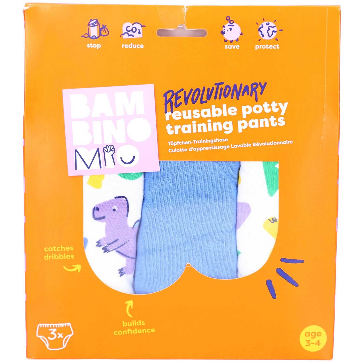 Orangefarbene Verpackung mit wiederverwendbaren Töpfchen-Trainingshosen. Zeigt Dino-Muster und Produktinformationen. Alter 3-4 Jahre.