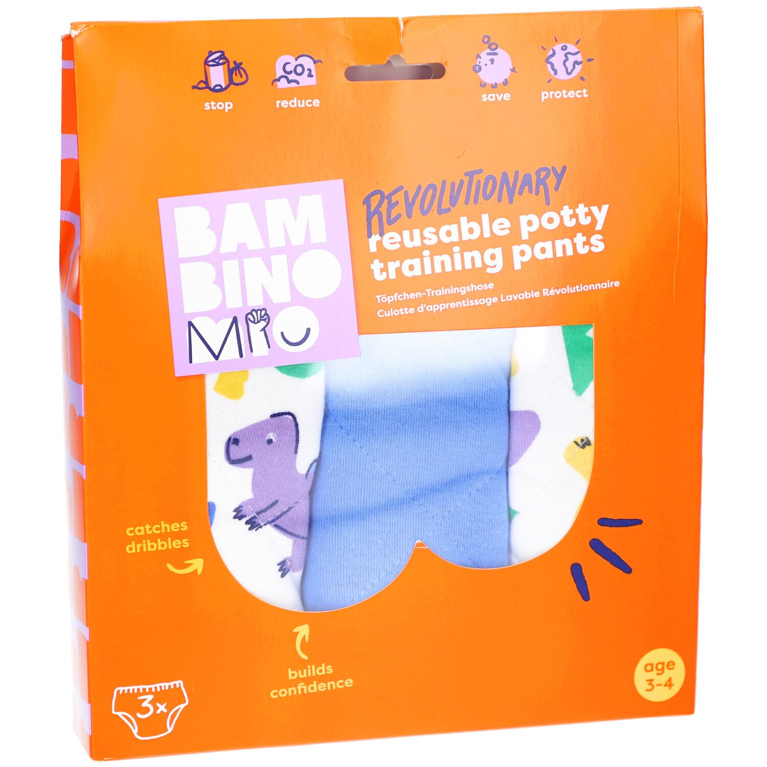 Orangefarbene Verpackung mit wiederverwendbaren Töpfchen-Trainingshosen. Zeigt Dino-Muster und Produktinformationen. Alter 3-4 Jahre.