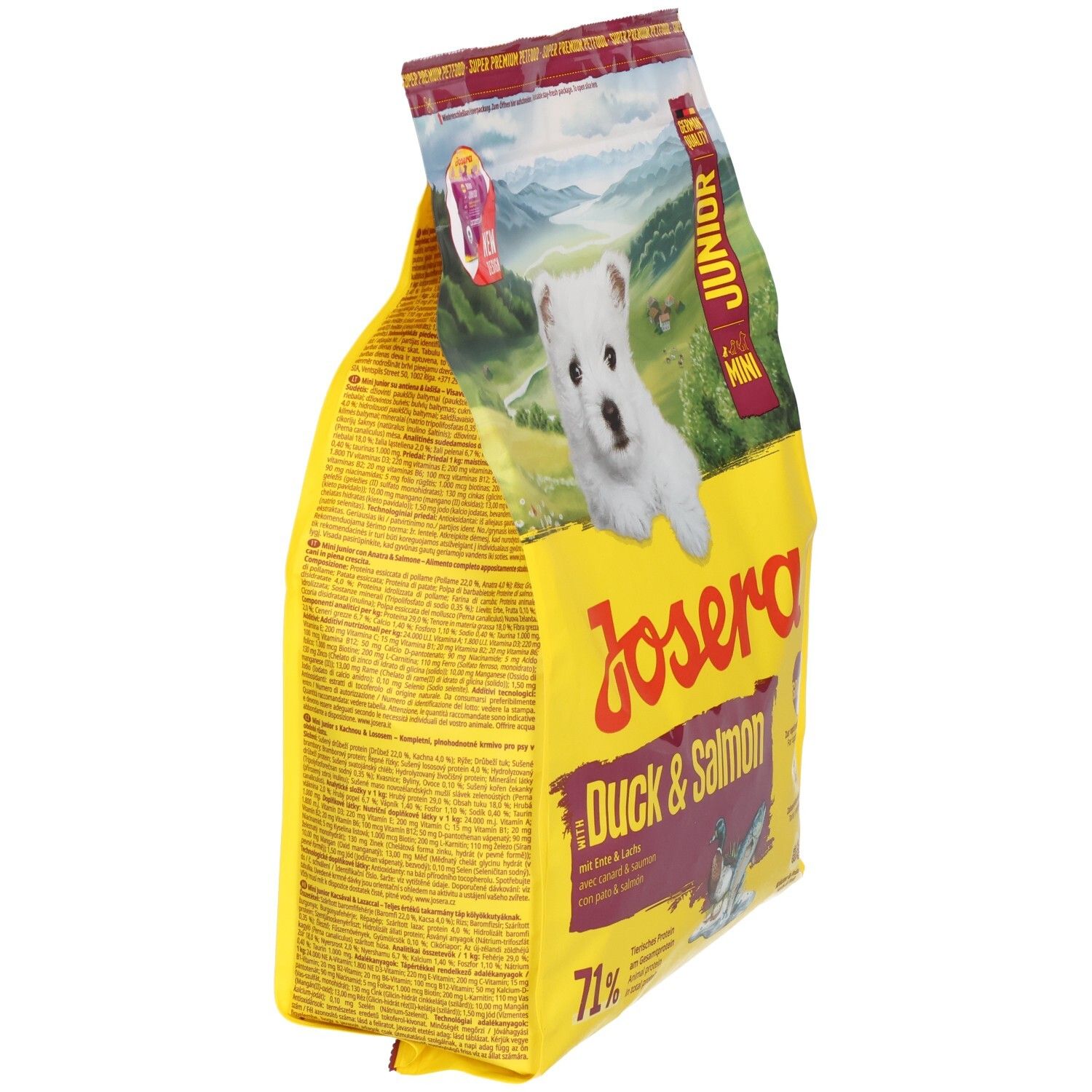 Gelbe Tüte JOSERA Duck & Salmon, Seitenansicht. Text: Junior, Mini, 71%. Ente & Lachs. Verpackung.