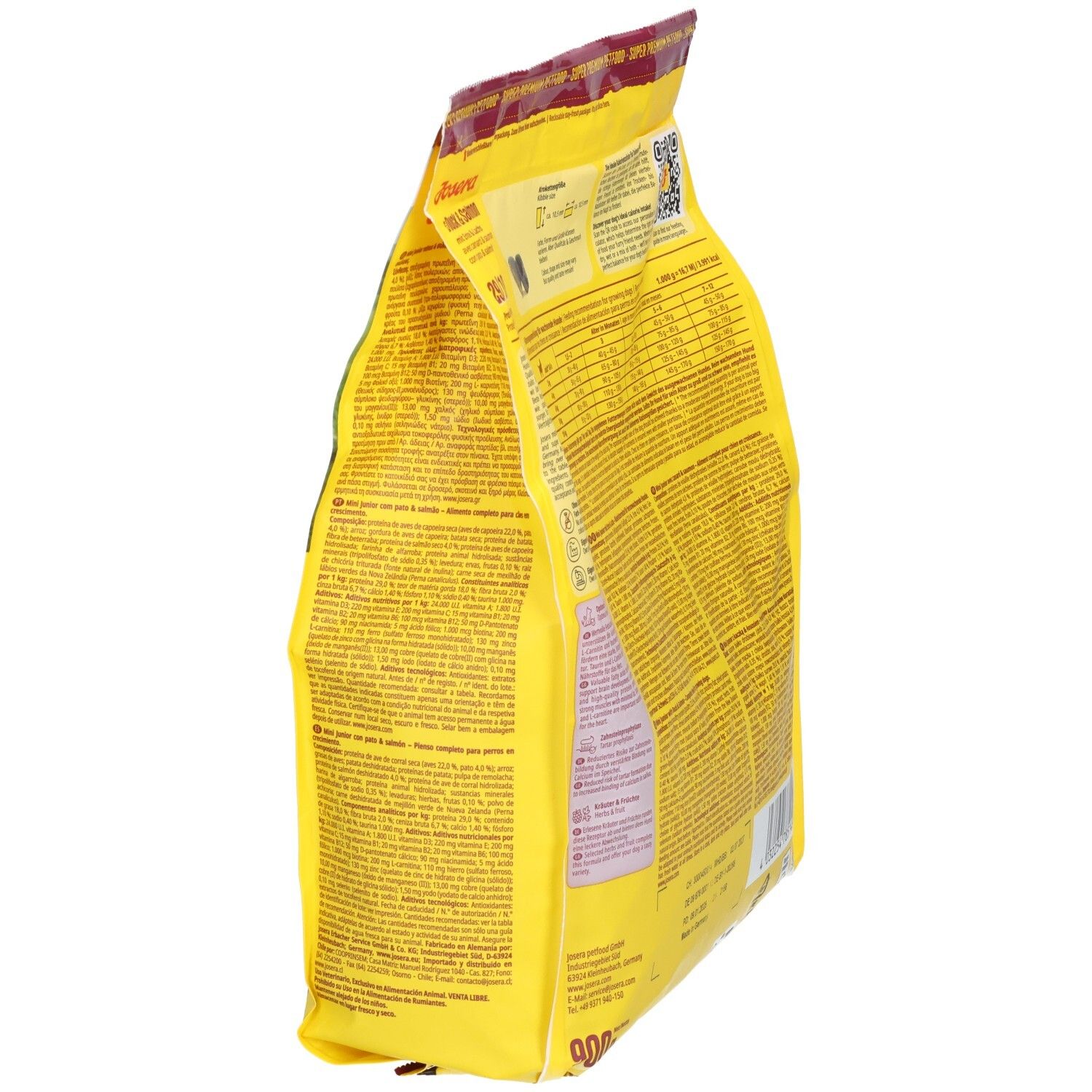 Gelbe Tüte JOSERA Duck & Salmon, Seitenansicht. Text und Informationen. Verpackung.