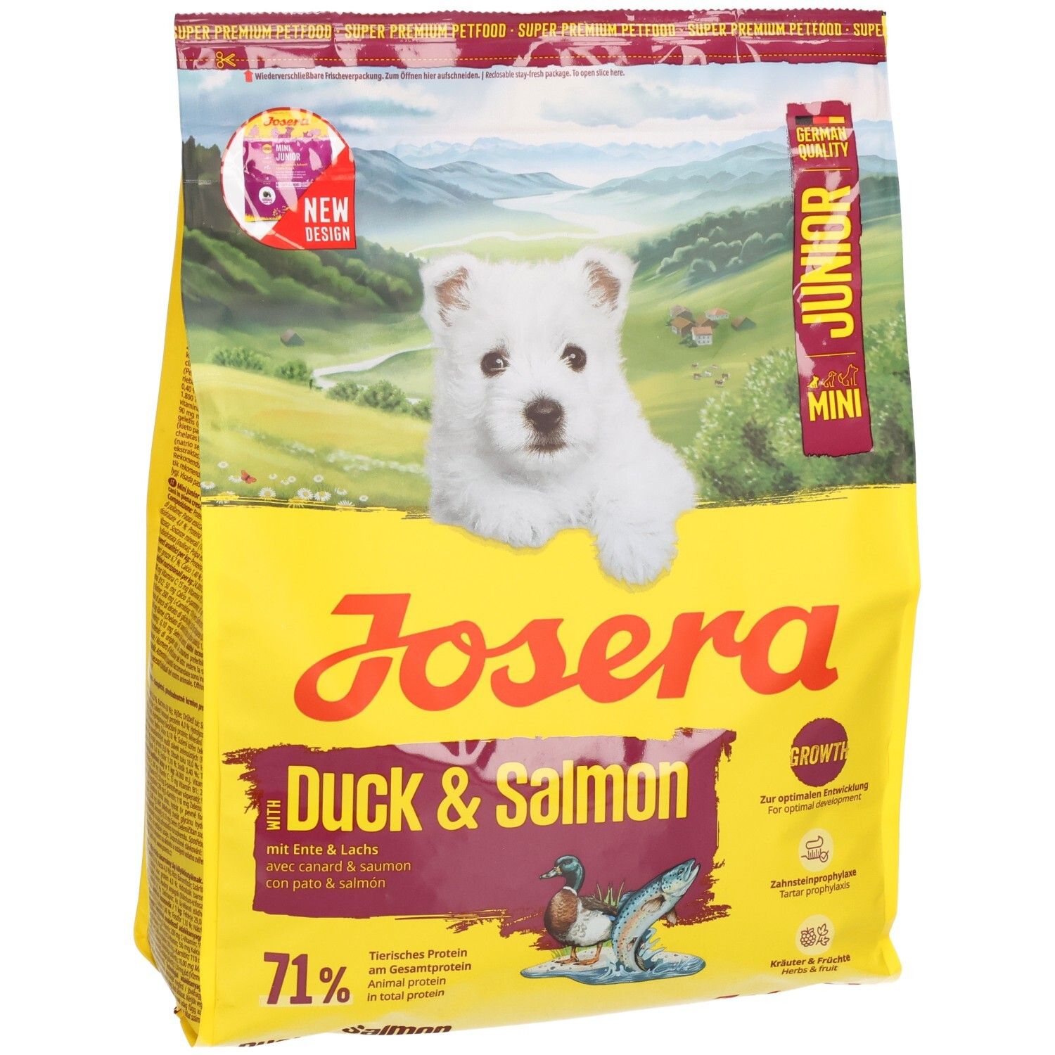 Gelbe Tüte mit JOSERA Duck & Salmon. Abbildung eines Welpen. Text: Junior, Mini, 71%. Ente & Lachs.