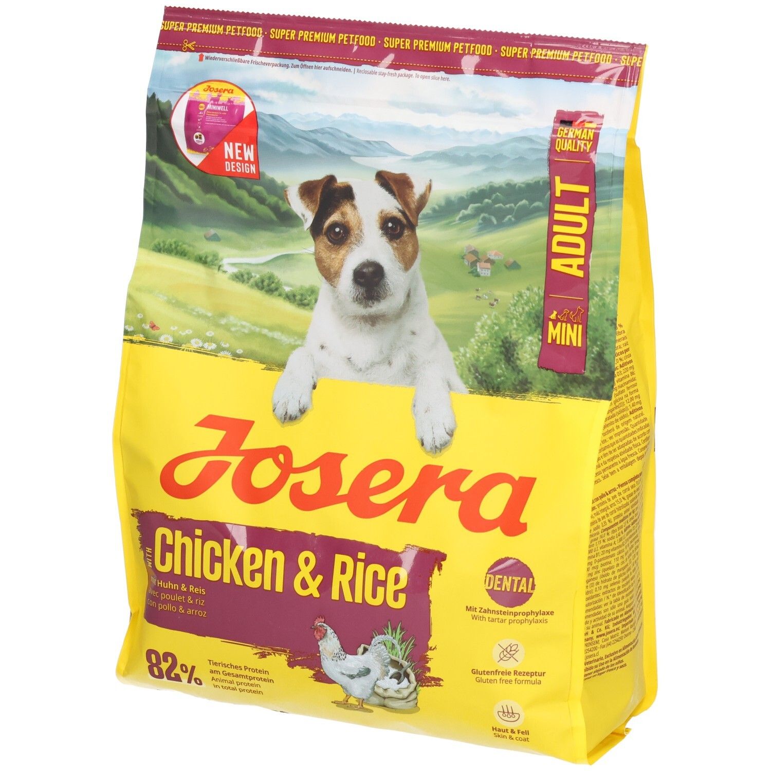 Gelber Beutel mit Hund, Produktname und Schriftzug. Aufschrift: Chicken & Rice, 82%. Mit Dental-Formel. Mini Adult.