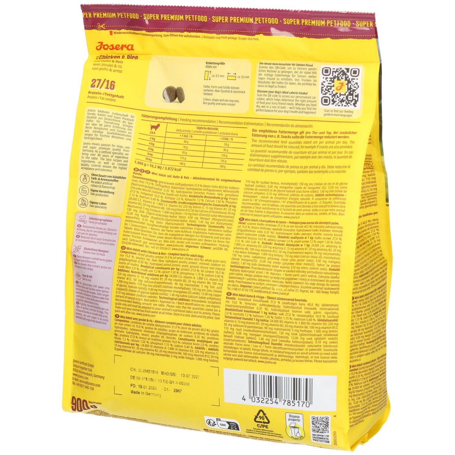 Gelber Beutel, Rückseite mit Text und Informationen. Enthält Nährwertangaben, QR-Code und Barcode. Produktname: Chicken & Rice.