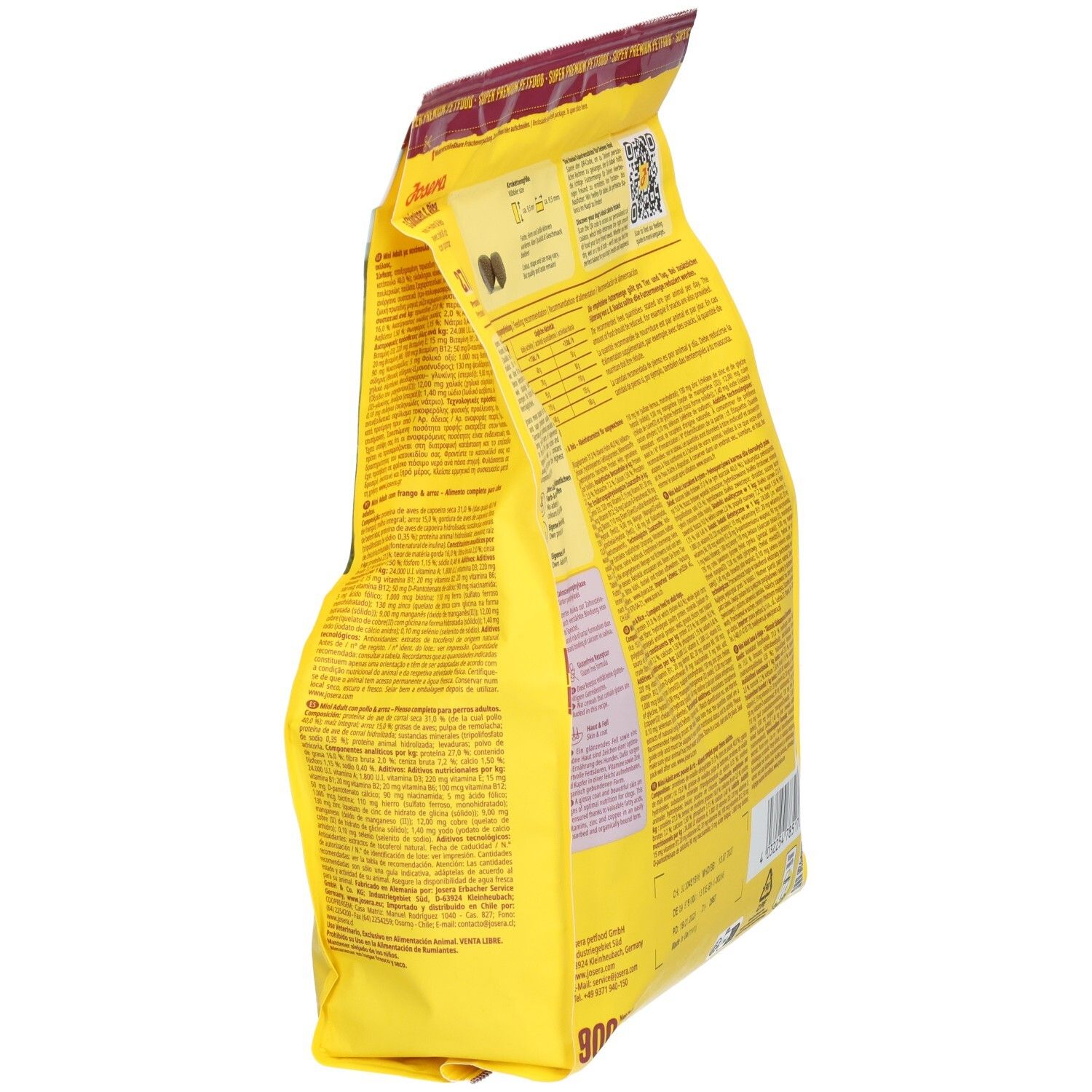 Gelber Beutel, Seitenansicht mit Text. Enthält Informationen und Produktname. Produkt: Chicken & Rice.