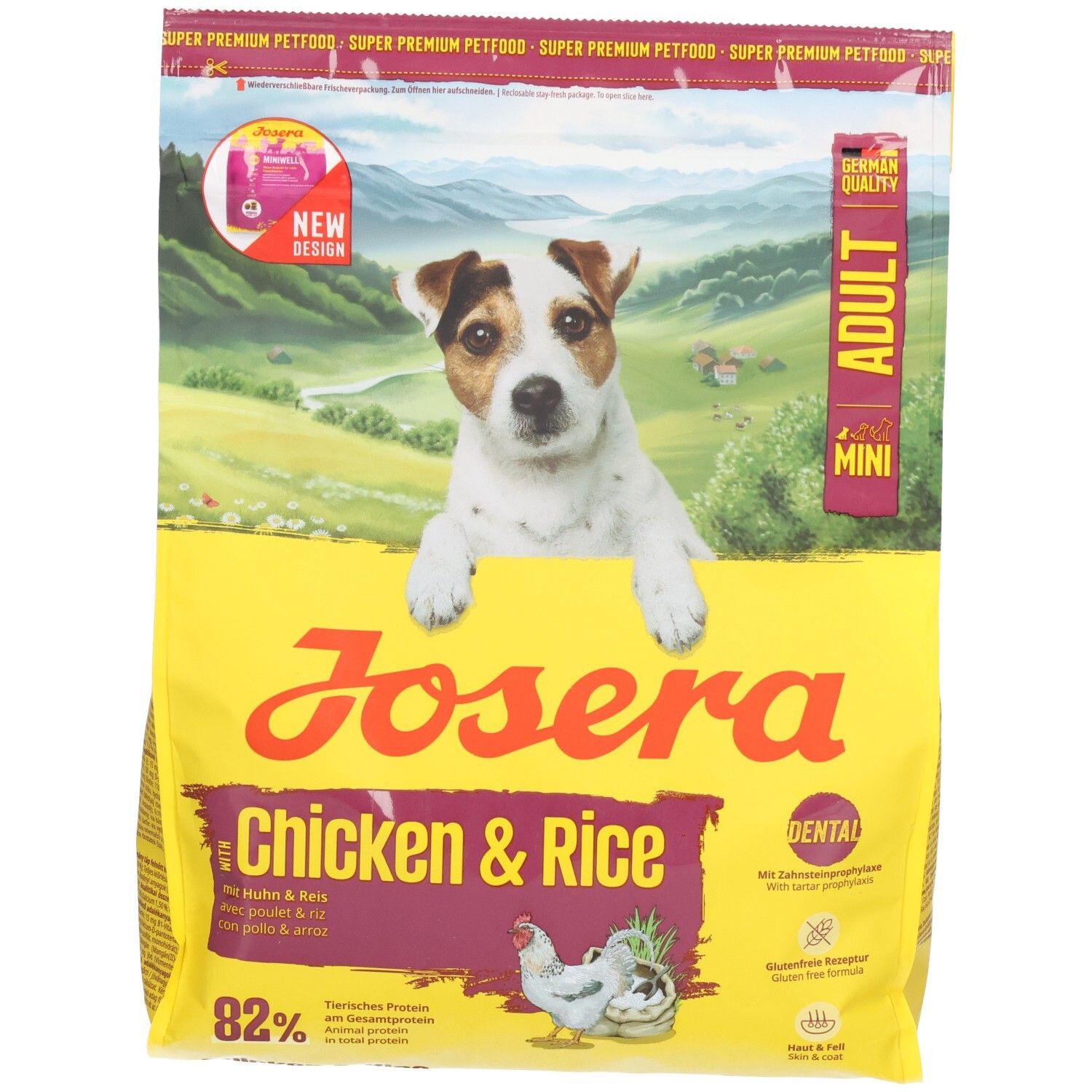 Gelber Beutel mit Hund, Produktname und Schriftzug. Aufschrift: Chicken & Rice, 82%. Mit Dental-Formel. Mini Adult.