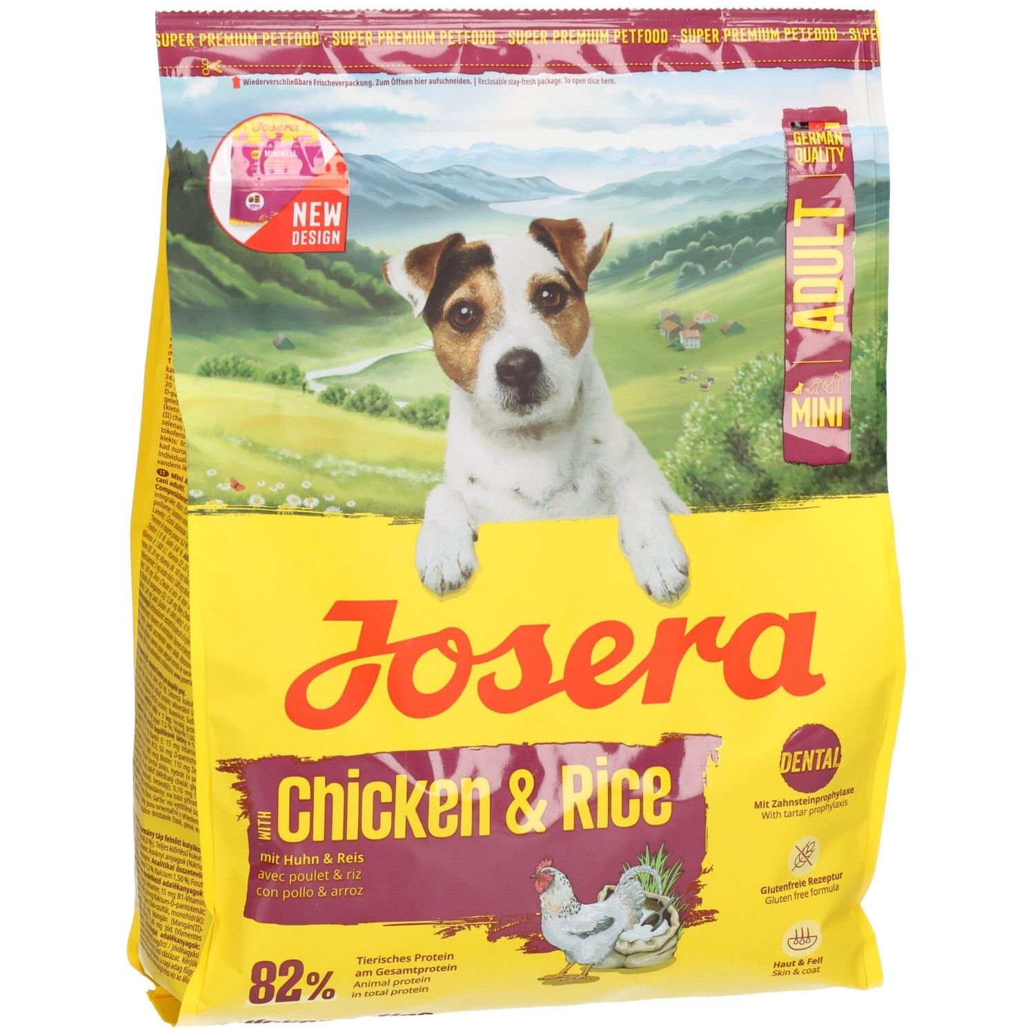 Gelber Beutel mit Hund, Produktname und Schriftzug. Aufschrift: Chicken & Rice, 82%. Mit Dental-Formel. Mini Adult.