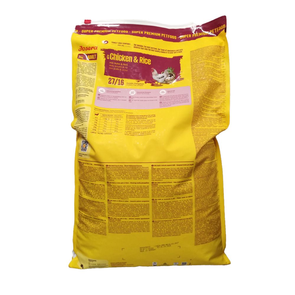 Gelber Beutel, Rückseite mit Produktinformationen und Text.