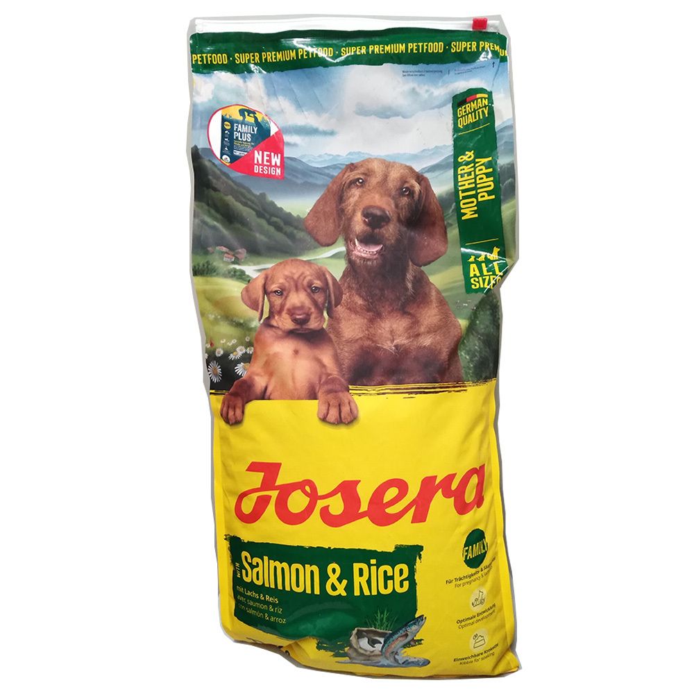 Gelber Beutel mit Hundemotiv. Aufschrift: Josera Salmon & Rice. Mutter & Welpe. Familien Plus. Grün-weiße Details.