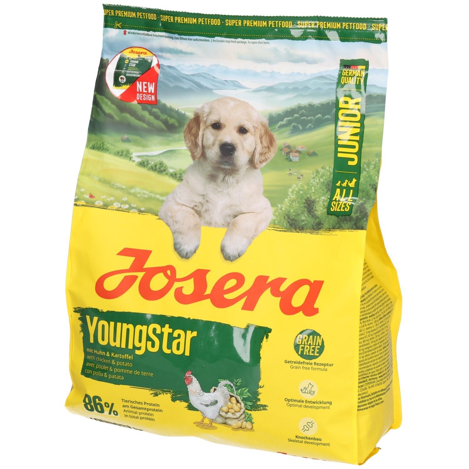 Gelbe Verpackung mit Welpen-Abbildung. Aufschrift: JOSERA YoungStar Junior mit Huhn & Kartoffel. Grün-gelbe Details. Enthält 86% tierische Proteine.