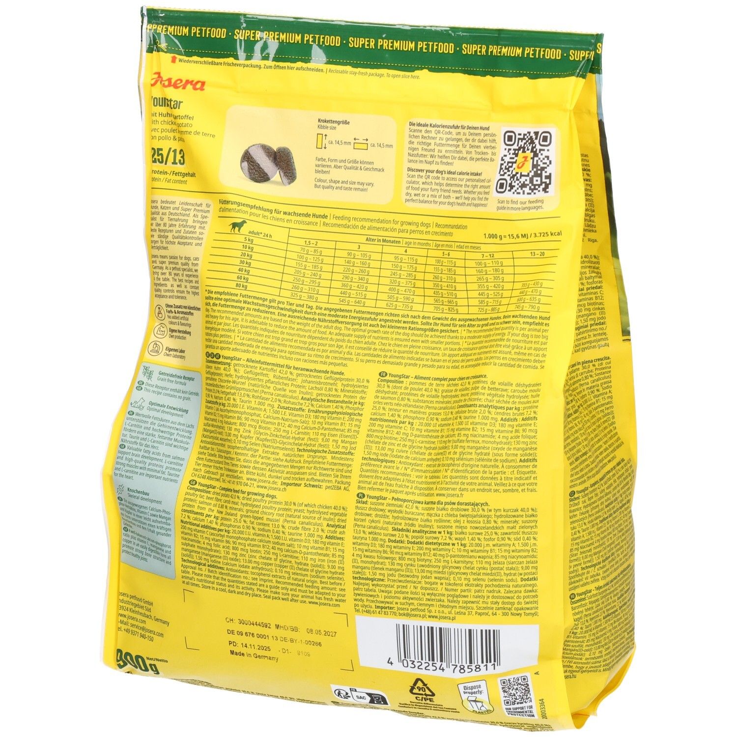 Rückseite der gelben Verpackung. Text in mehreren Sprachen. Informationen zu Inhaltsstoffen und Fütterungsempfehlung. QR-Code.