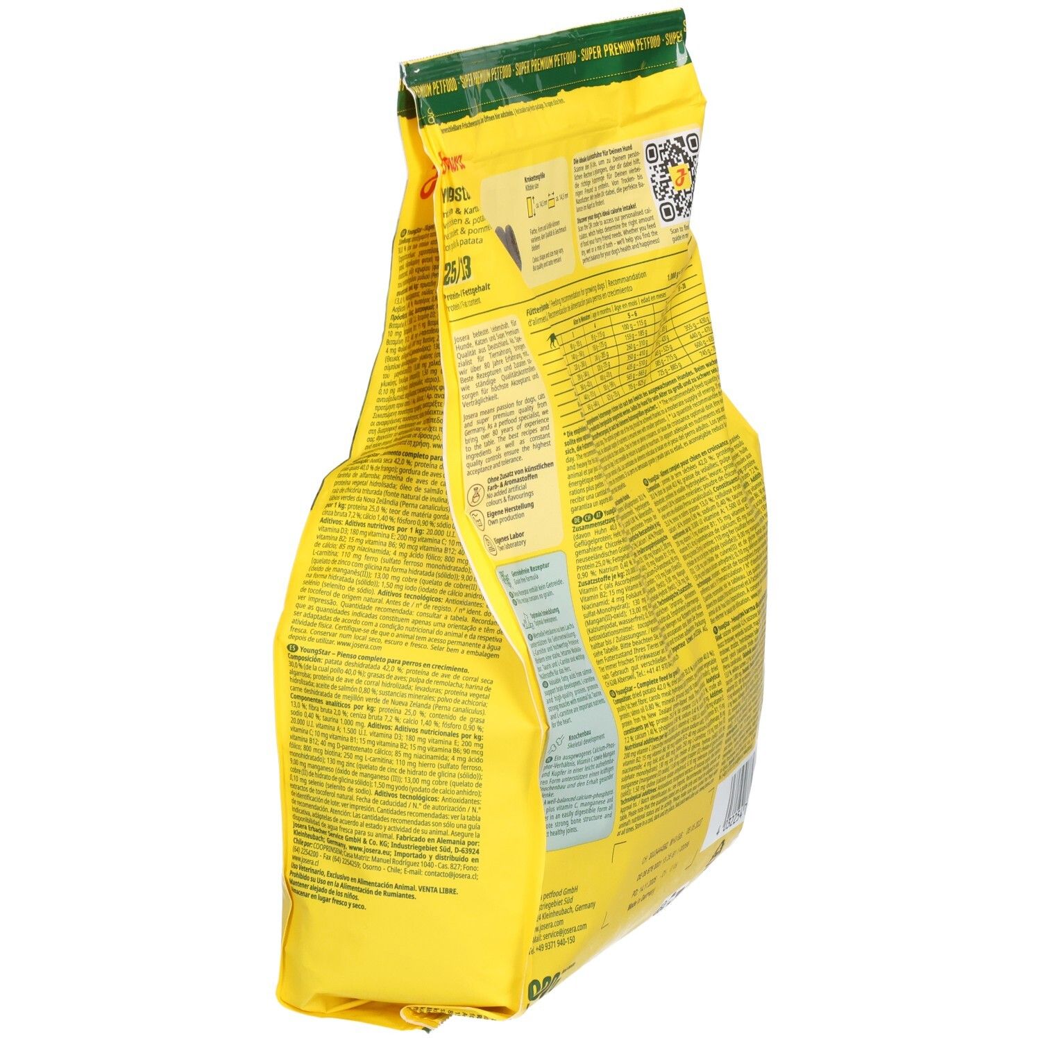 Gelbe Verpackung, seitliche Ansicht. Text in mehreren Sprachen. Informationen zu Inhaltsstoffen und Fütterungsempfehlung. QR-Code.