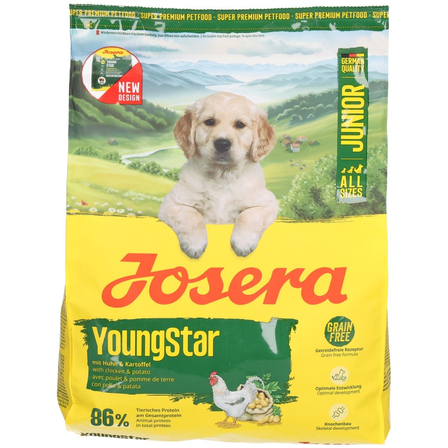 Gelbe Verpackung mit Welpen-Abbildung. Aufschrift: JOSERA YoungStar Junior mit Huhn & Kartoffel. Grün-gelbe Details. Enthält 86% tierische Proteine.