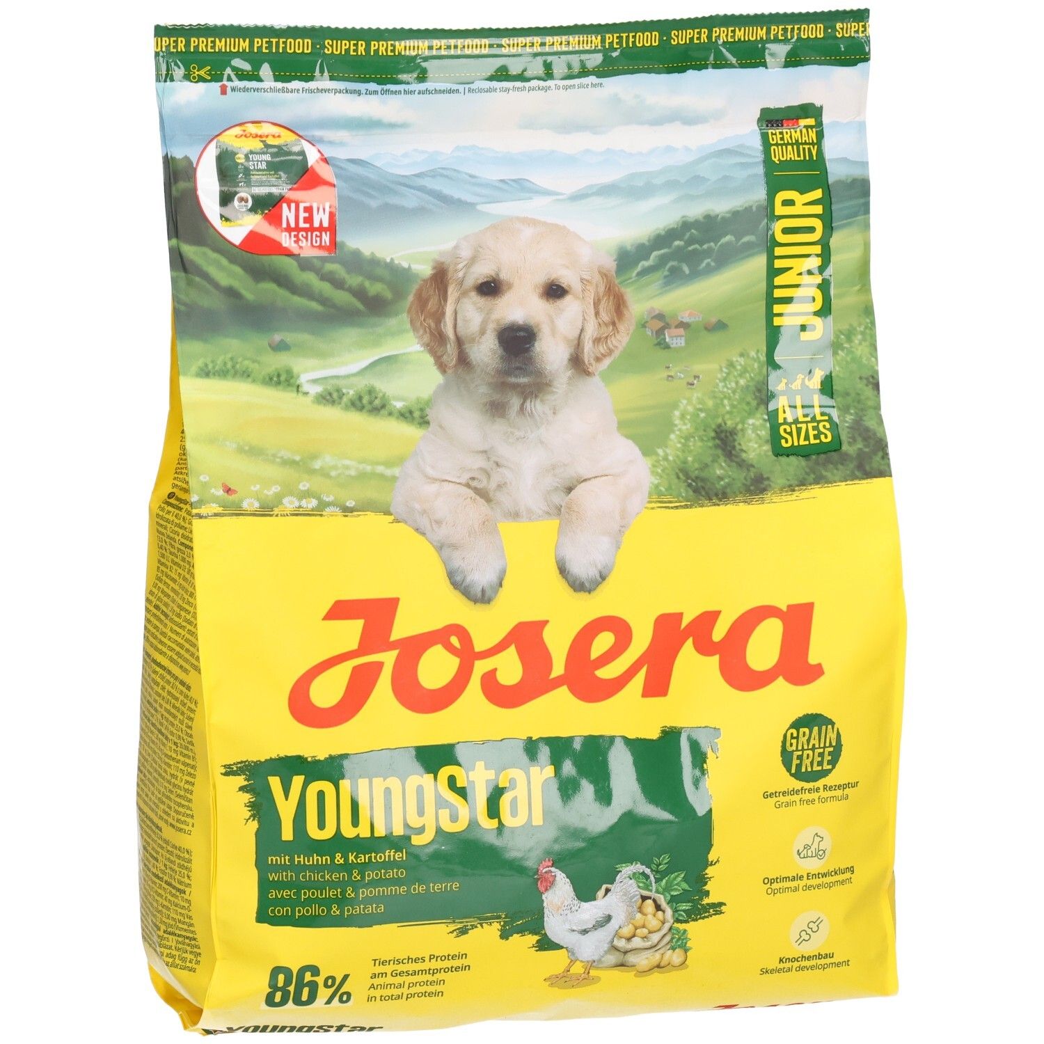Gelbe Verpackung mit Welpen-Abbildung. Aufschrift: JOSERA YoungStar Junior mit Huhn & Kartoffel. Grün-gelbe Details. Enthält 86% tierische Proteine.