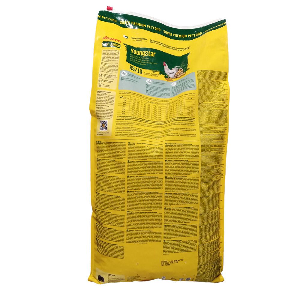 Rückseite eines gelben Futtersacks. Aufschrift: Josera Youngstar. Enthält Informationen zu Inhaltsstoffen und Fütterungsempfehlungen.