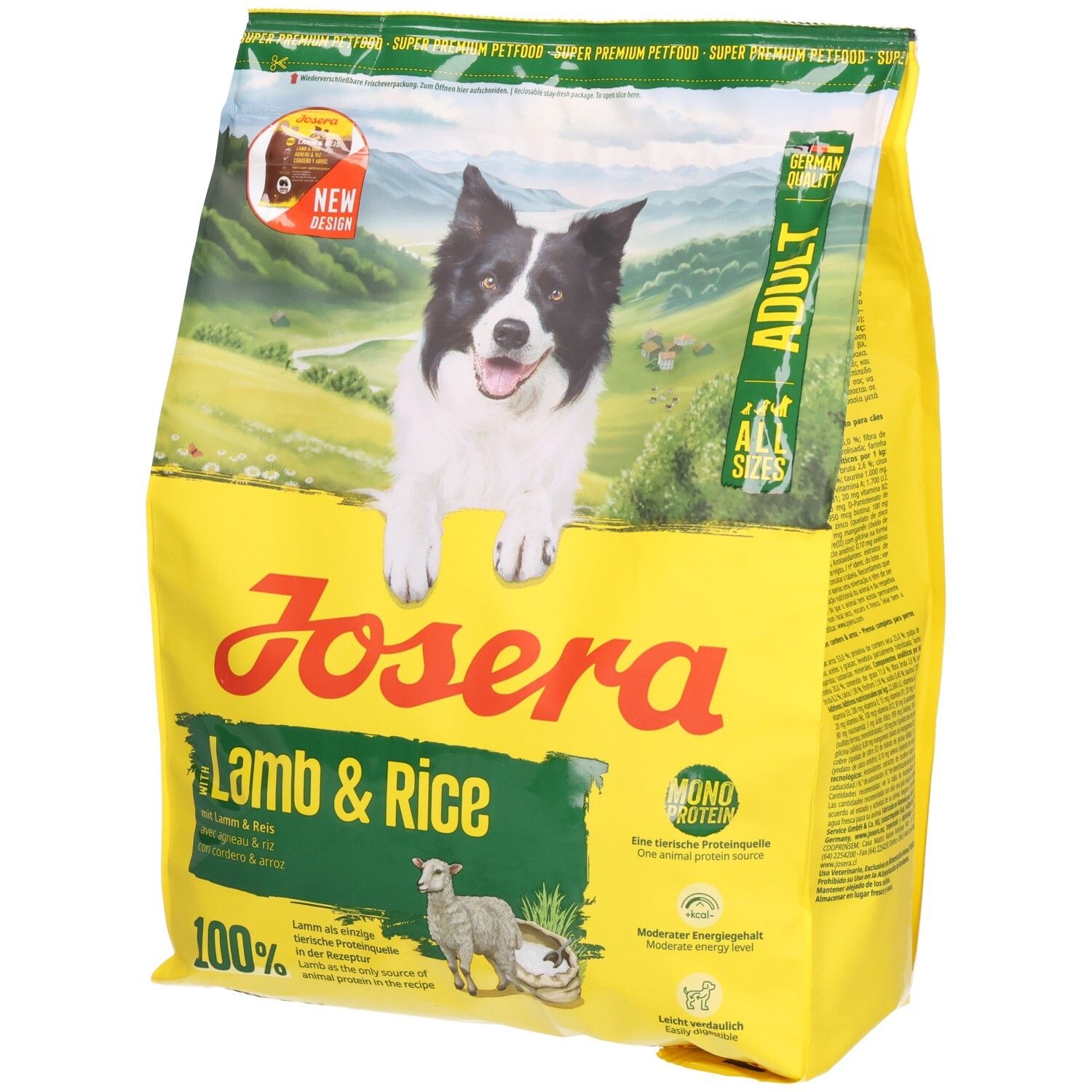 Gelbe Verpackung mit JOSERA Lamb & Rice. Abbildung eines Hundes und eines Lammes. Text: Adult, Mono Protein, 100%.