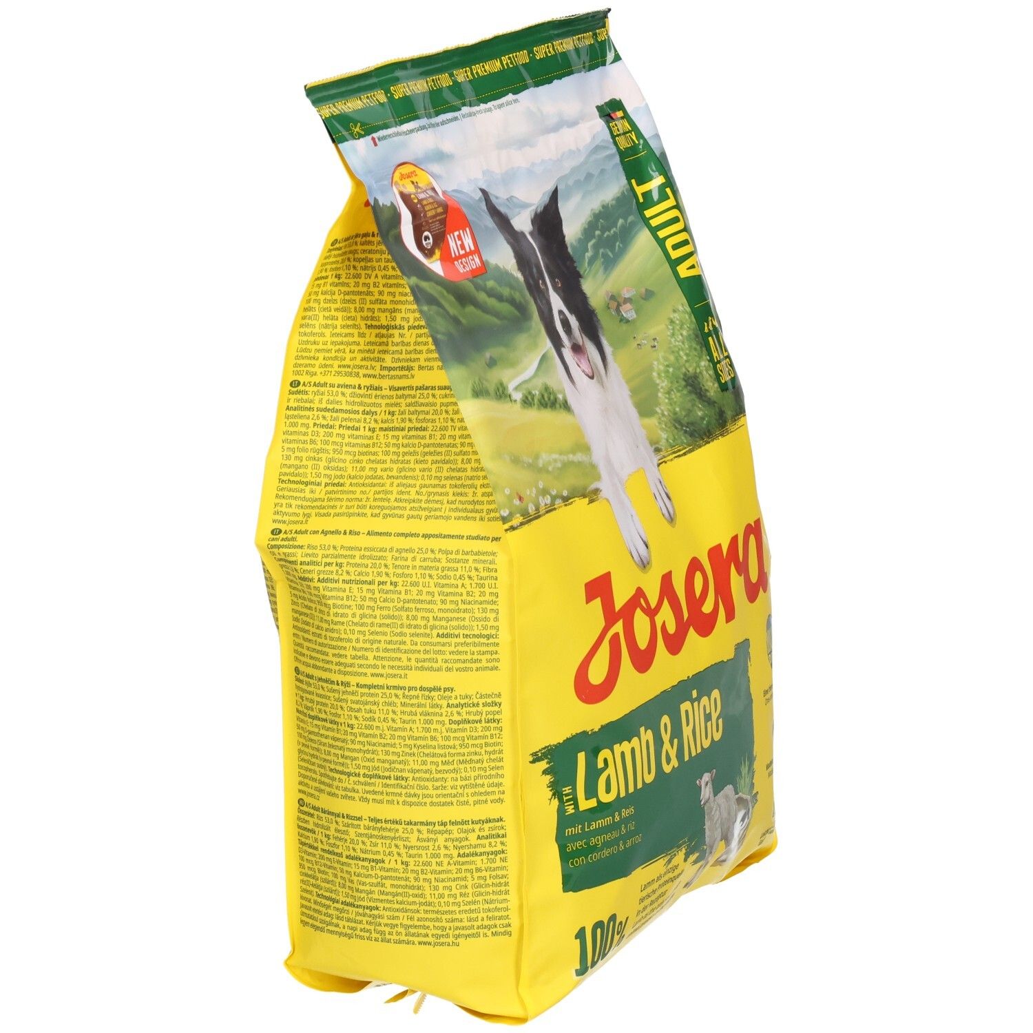 Gelbe Verpackung JOSERA Lamb & Rice. Seitenansicht. Text: Adult, Mono Protein, 100%.