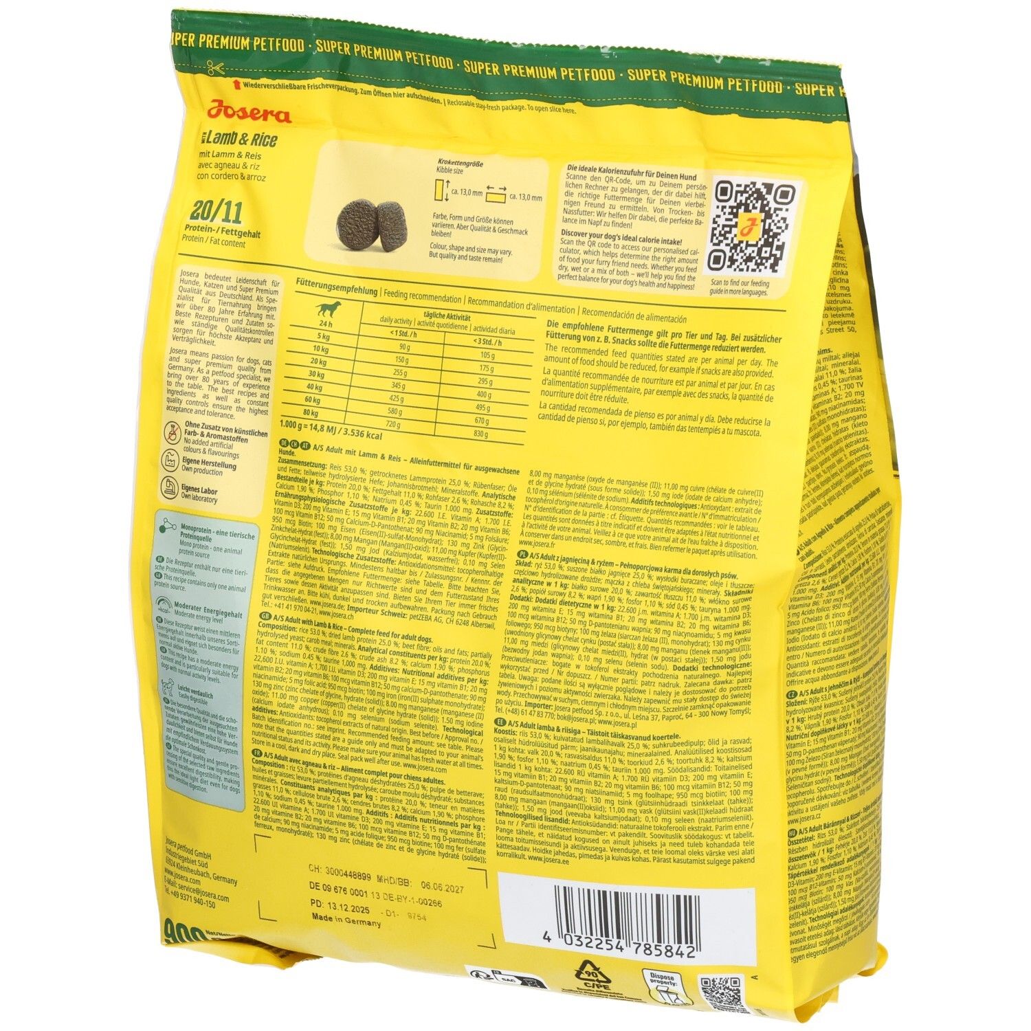 Rückseite der gelben Verpackung JOSERA Lamb & Rice. Text und Abbildungen von Futterbrocken.