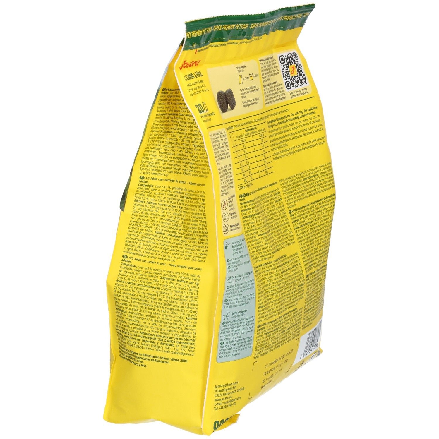 Gelbe Verpackung JOSERA Lamb & Rice. Seitenansicht. Text und Abbildungen von Futterbrocken.