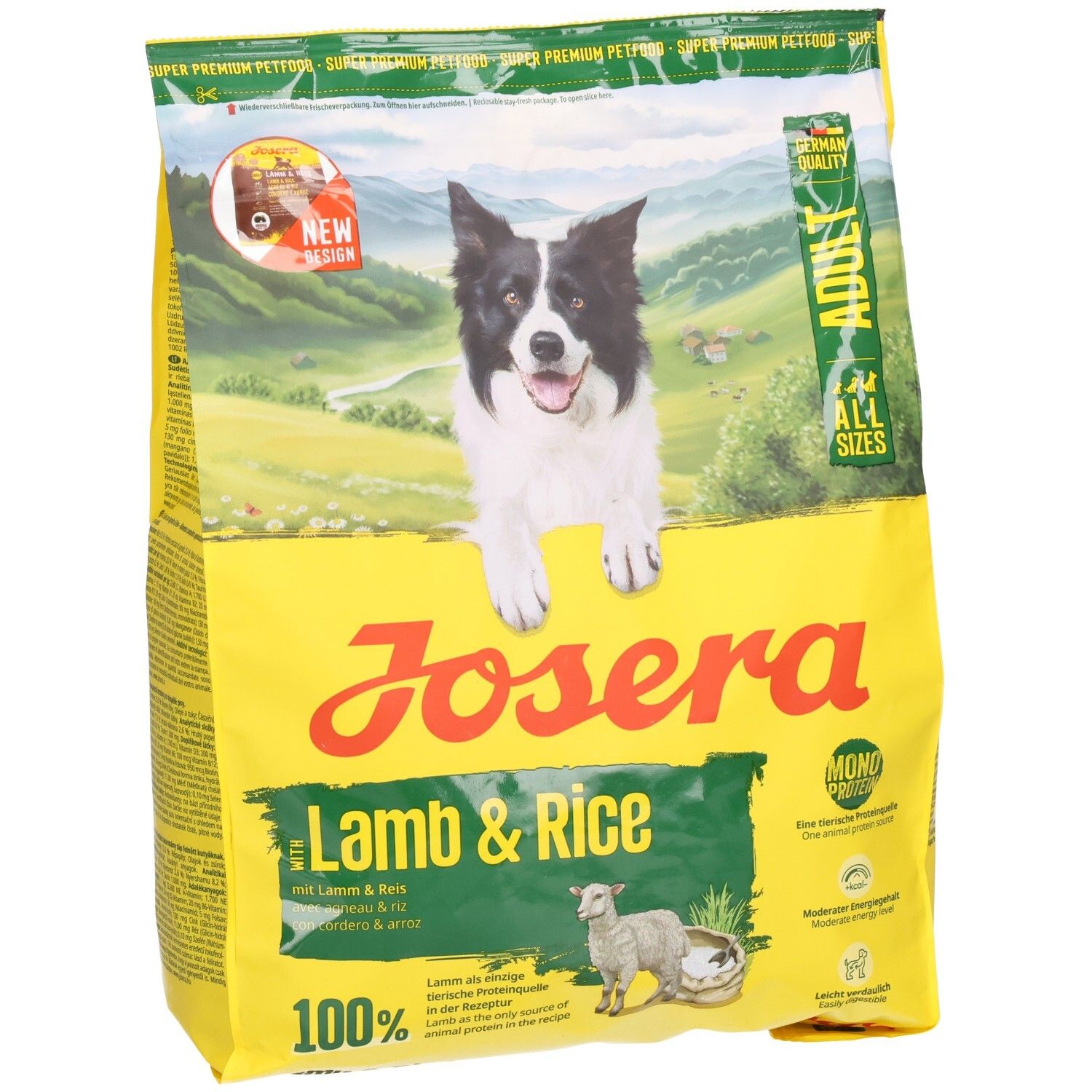 Gelbe Verpackung JOSERA Lamb & Rice. Abbildung eines Hundes und eines Lammes. Text: Adult, Mono Protein, 100%.