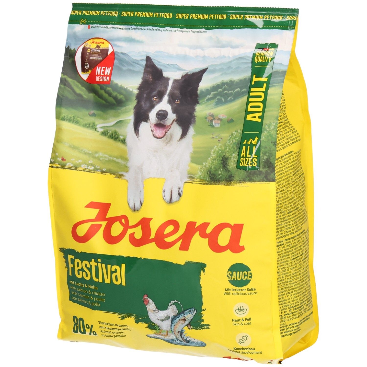 Gelbe JOSERA Festival-Hundefutter-Verpackung. Aufdruck: Hund, Schriftzug, „Adult“, „Sauce“, 80%. Mit Lachs & Huhn.