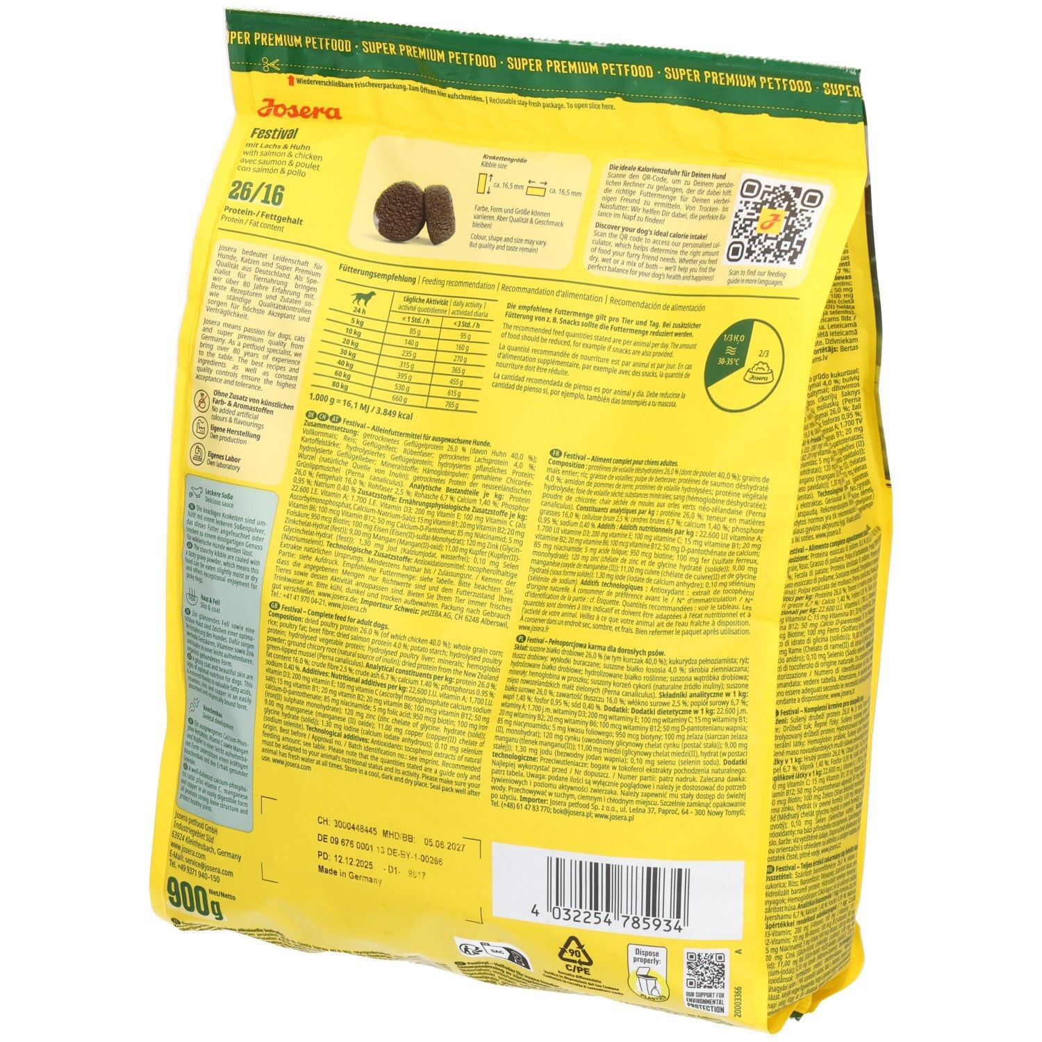Rückseite der gelben JOSERA Festival-Hundefutter-Verpackung. Text, Nährwertangaben, QR-Code, Abbildungen von Futterbrocken.