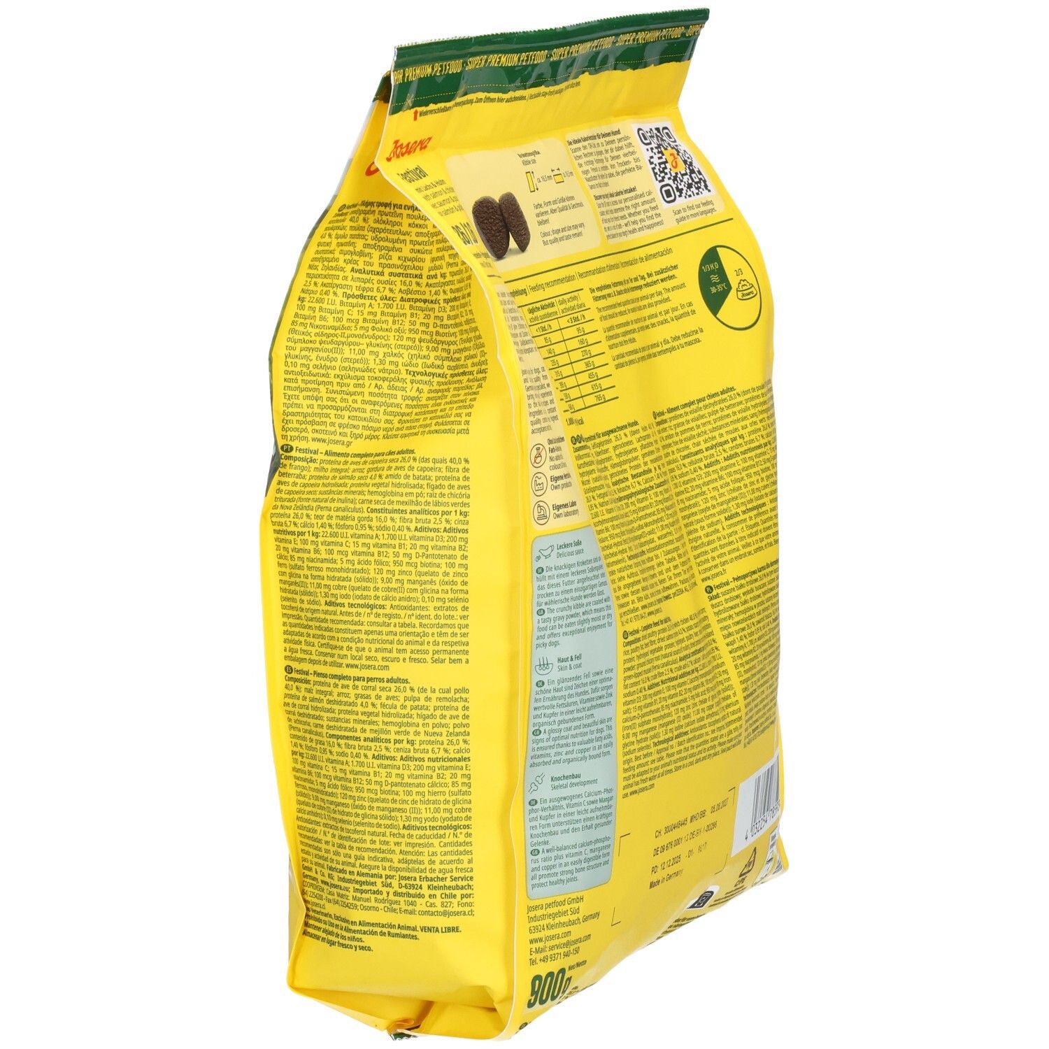 Schräg gesehene Rückseite der gelben JOSERA Festival-Hundefutter-Verpackung. Text, Nährwertangaben, QR-Code, Futterbrocken.