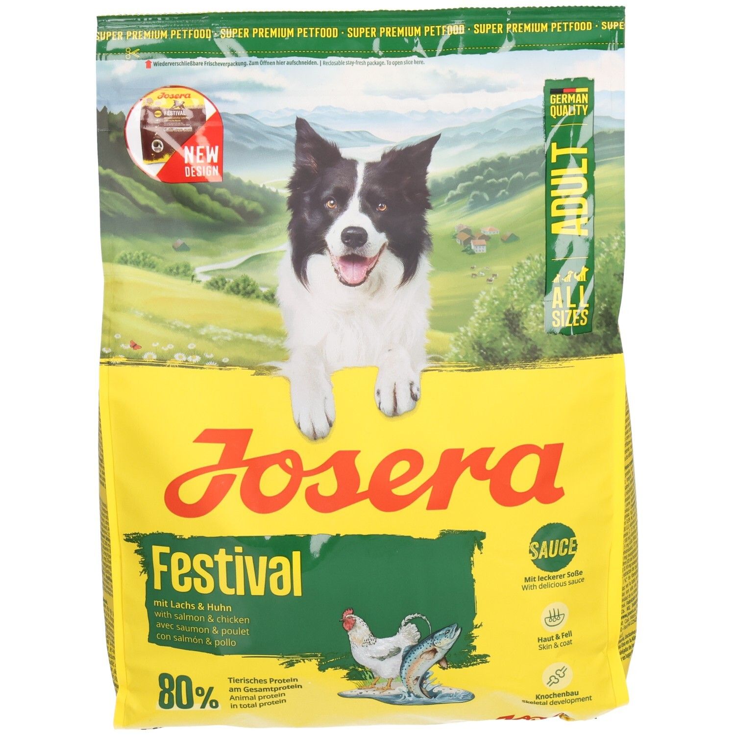 Gelbe JOSERA Festival-Hundefutter-Verpackung. Aufdruck: Hund, Schriftzug, „Adult“, „Sauce“, 80%. Mit Lachs & Huhn.