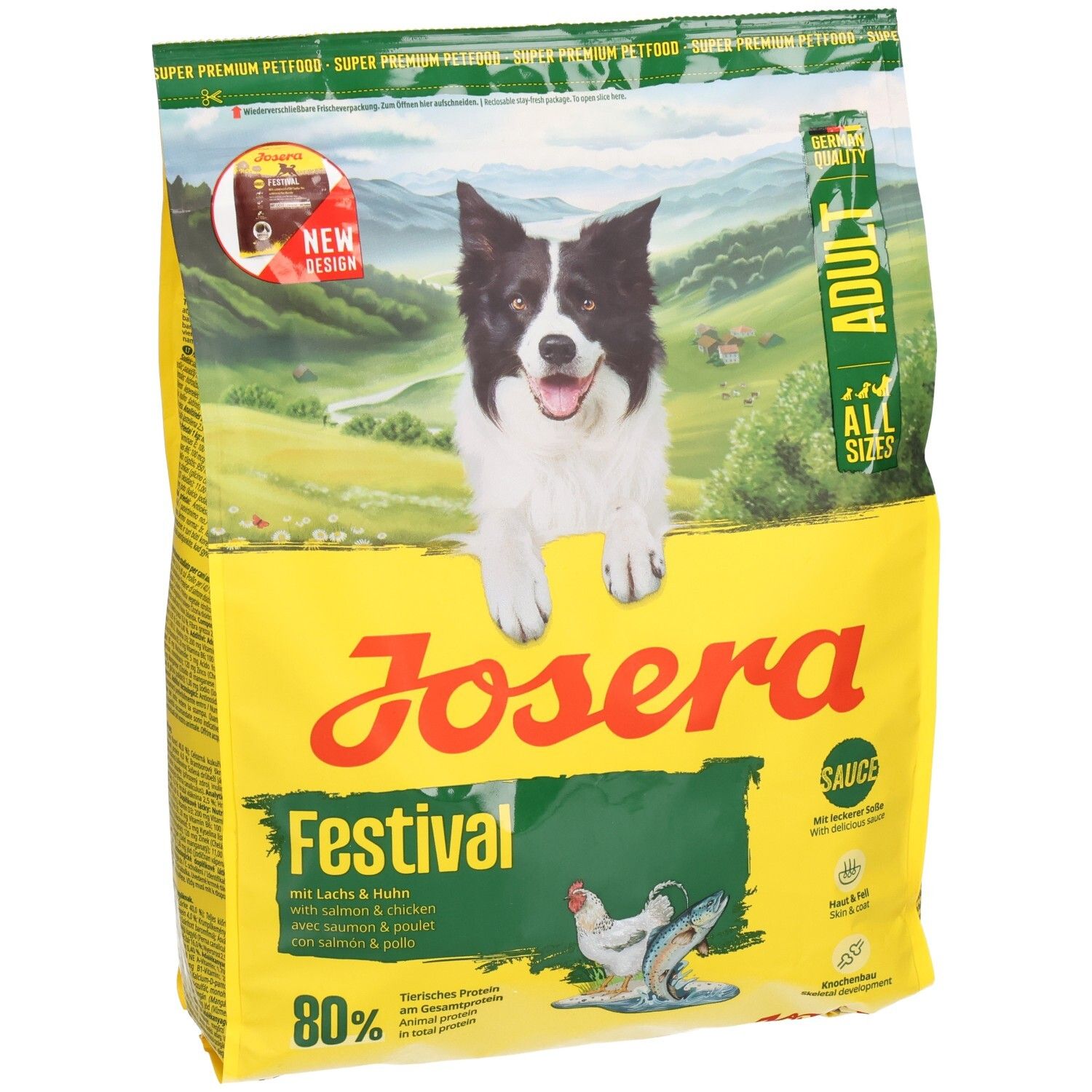 Gelbe JOSERA Festival-Hundefutter-Verpackung. Aufdruck: Hund, Schriftzug, „Adult“, „Sauce“, 80%. Mit Lachs & Huhn.