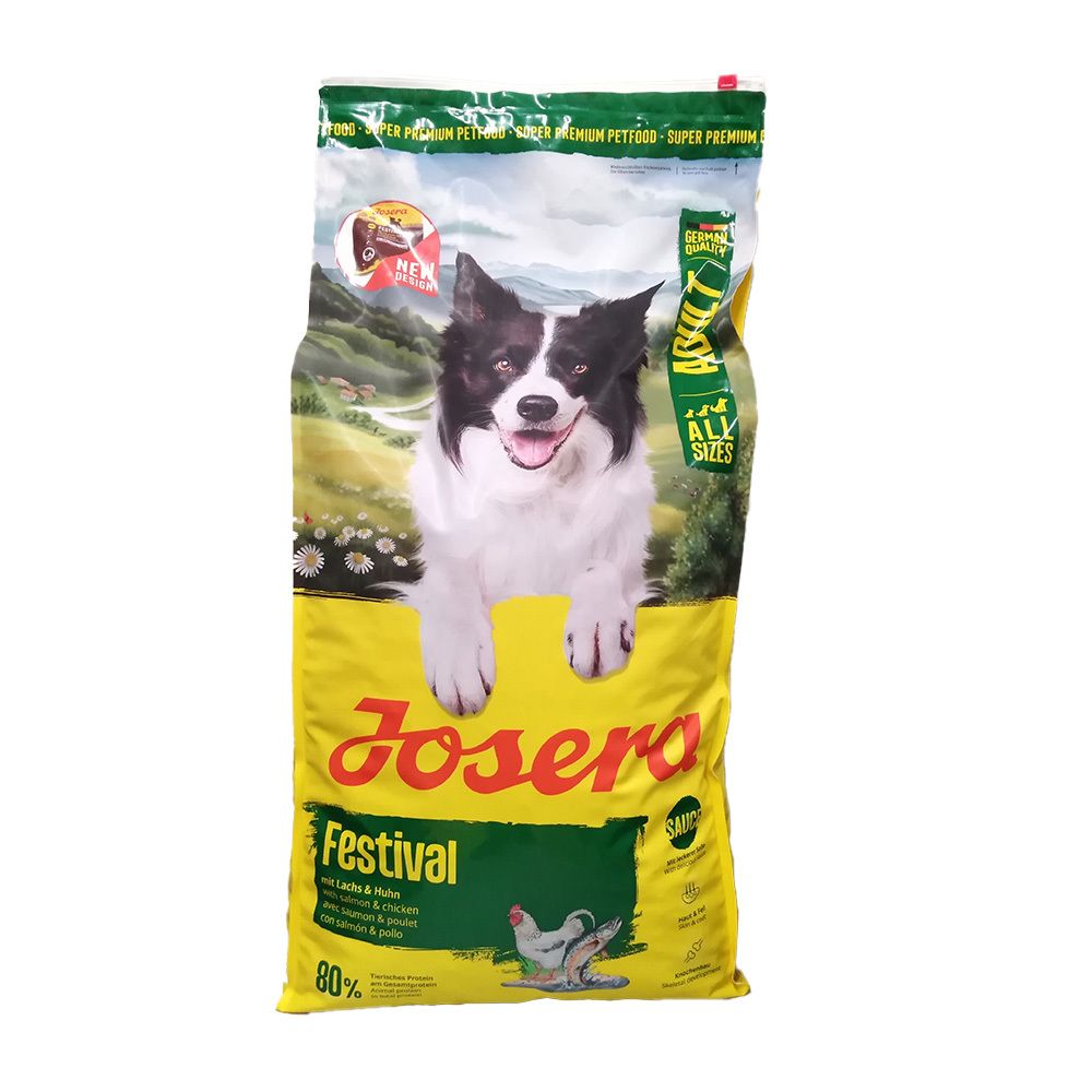 Gelber Beutel mit Hund und Produktnamen Josera Festival. Aufdrucke: Huhn, Gemüse, 80%.