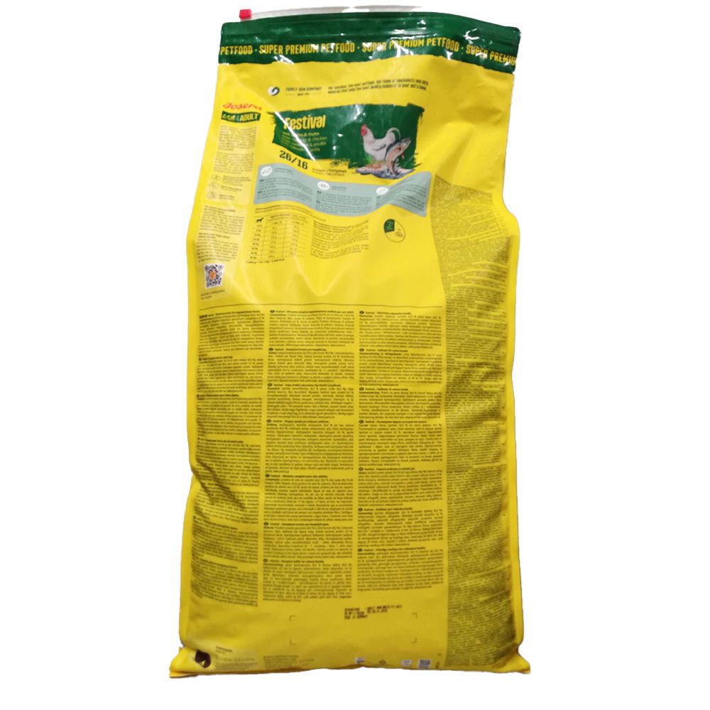 Gelber Beutel mit Produktinformationen. Rückseite mit Texten und Nährwertangaben.
