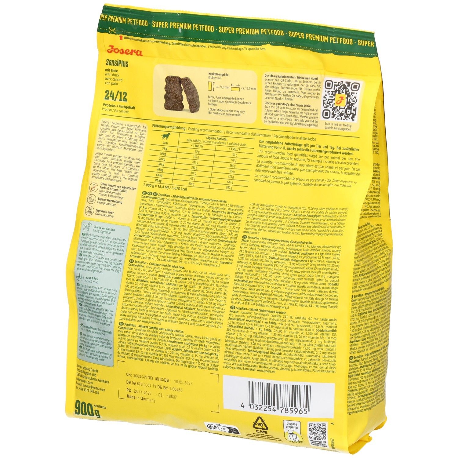 Rückseite einer Josera SensiPlus Hundefutterpackung mit Nährwertangaben und Inhaltsstoffen.
