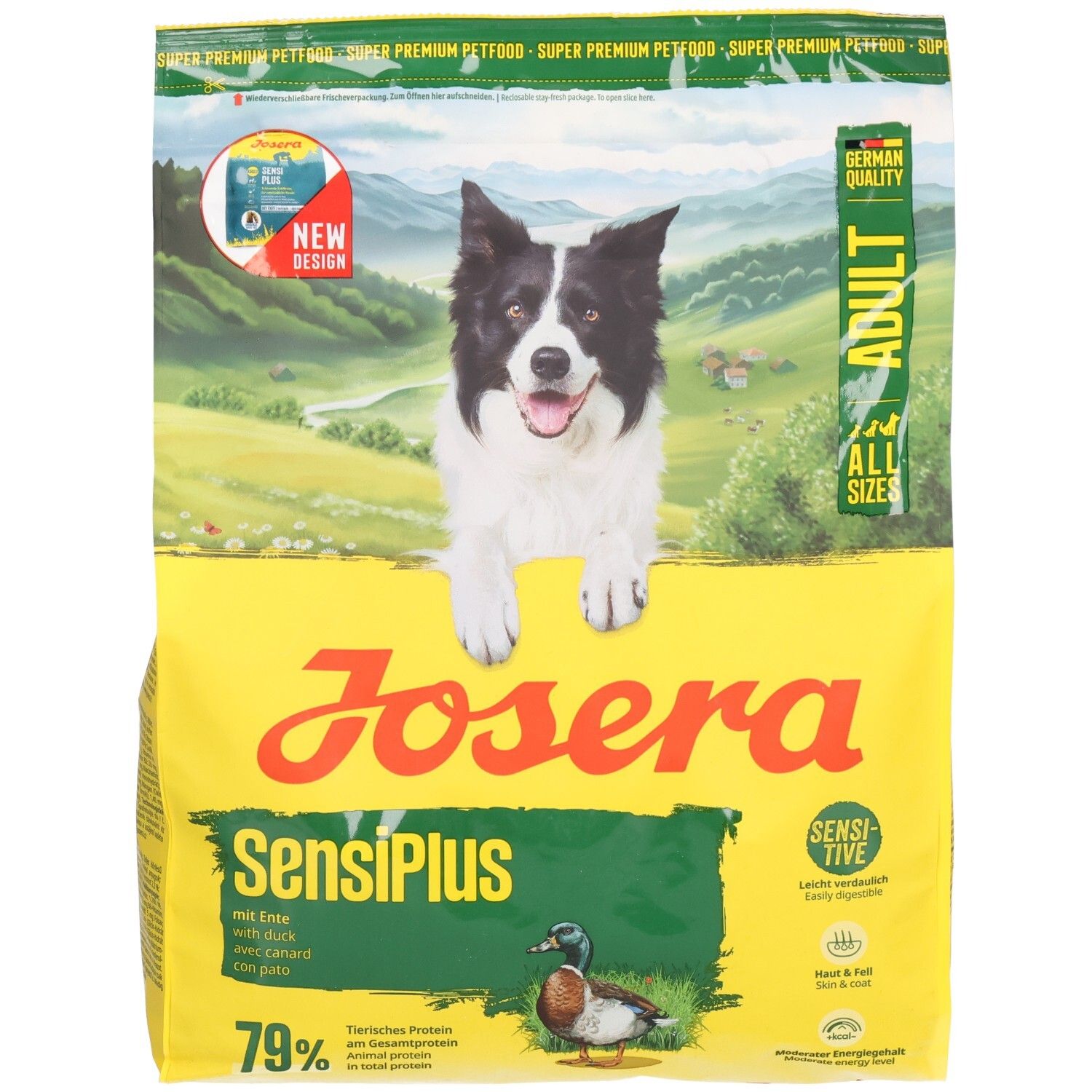 Vorderseite eines Josera YoungStar Hundefutterbeutels für Welpen mit einem jungen Hund, Huhn- und Getreidemotiv.