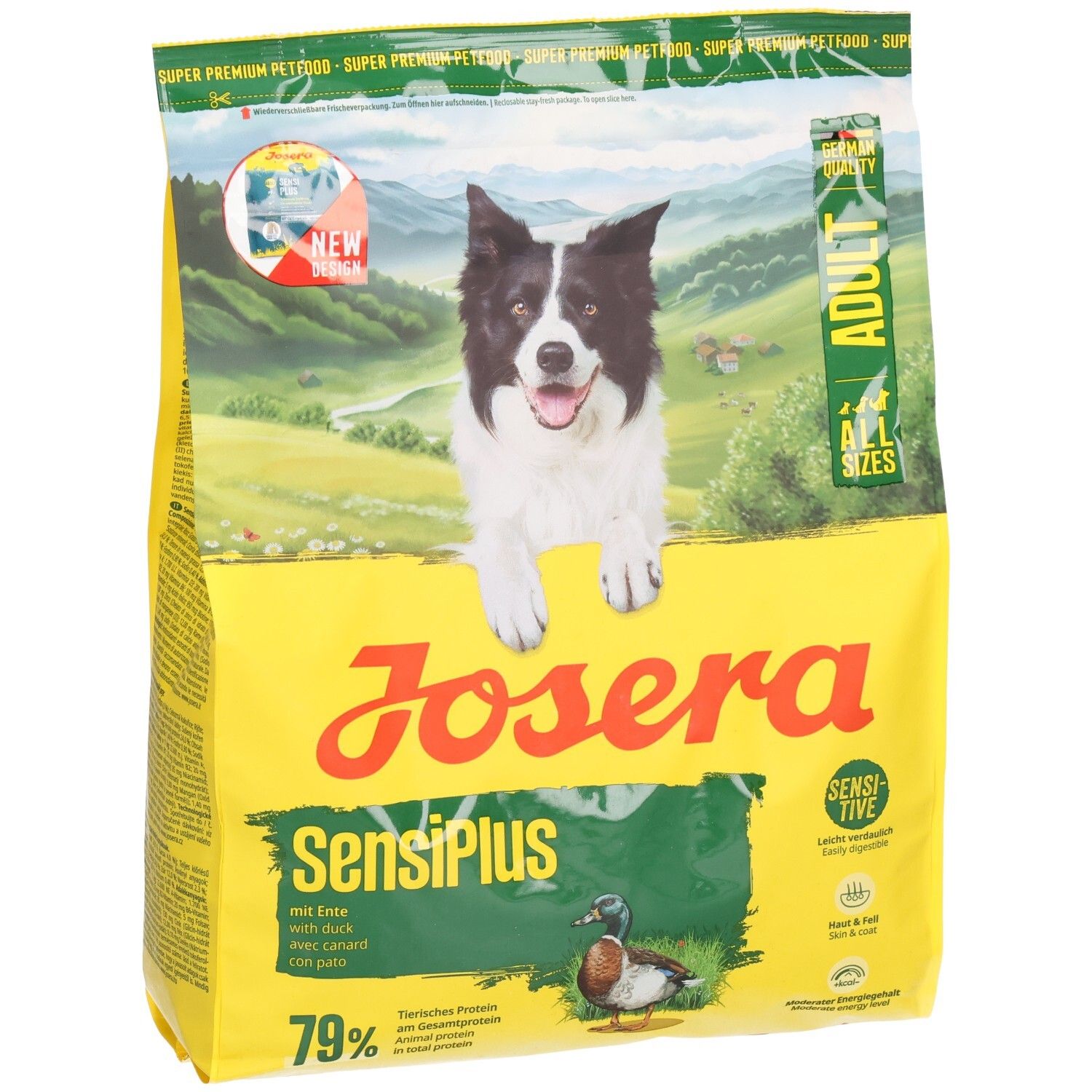 Josera SensiPlus Hundefutterpackung mit einem Border Collie und Informationen für sensible Hunde.