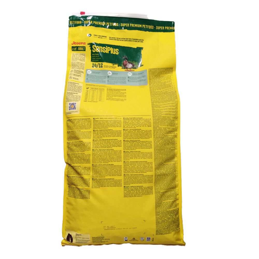 Gelber Beutel mit Produktinformationen und dem Namen JOSERA SensiPlus. Aufdruck: Adult, 24/12.