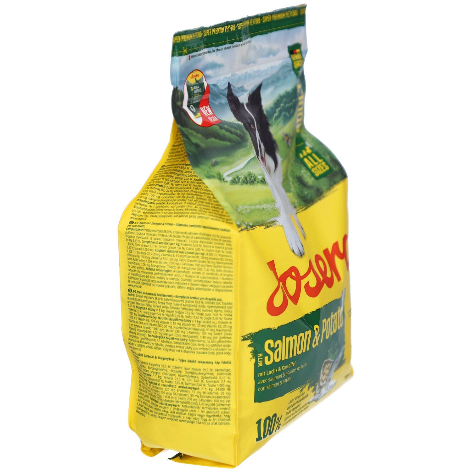 Gelbe Verpackung, Seitenansicht. Text: JOSERA Salmon & Potato, 100%. Enthält Text in mehreren Sprachen.