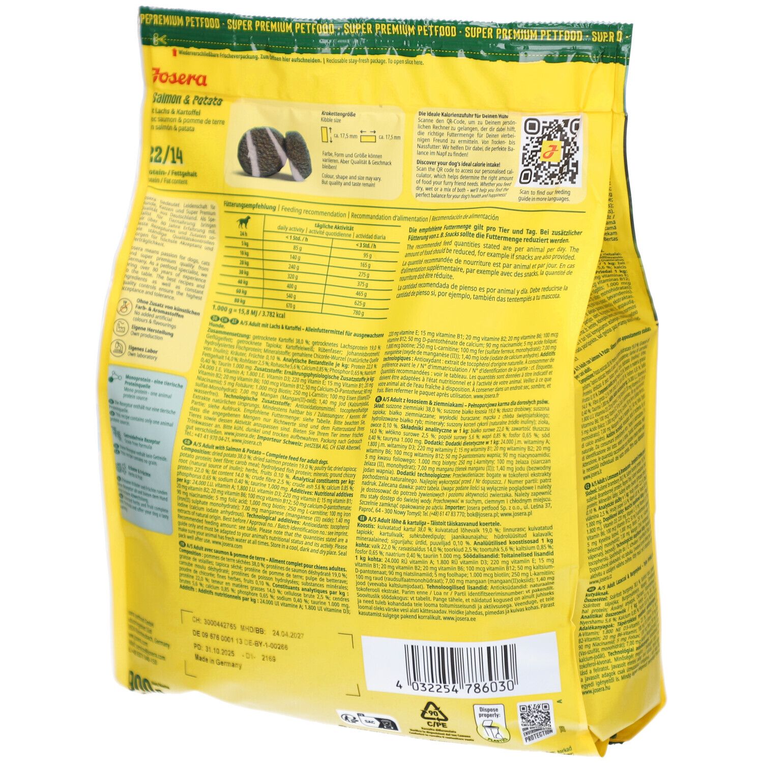 Rückseite der gelben Verpackung. Text: JOSERA Salmon & Potato, Fütterungsempfehlung, QR-Code, Nährwerttabelle.