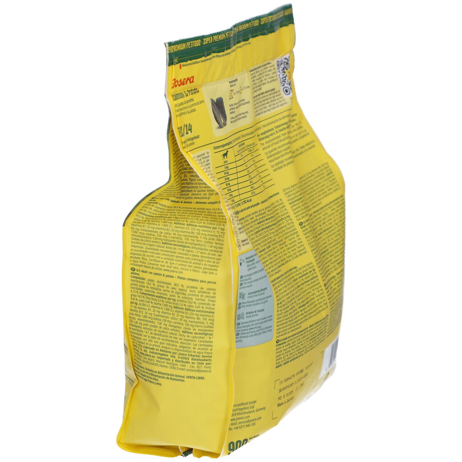 Gelbe Verpackung, Seitenansicht. Text: JOSERA Salmon & Potato, Fütterungsempfehlung, QR-Code, Nährwerttabelle.