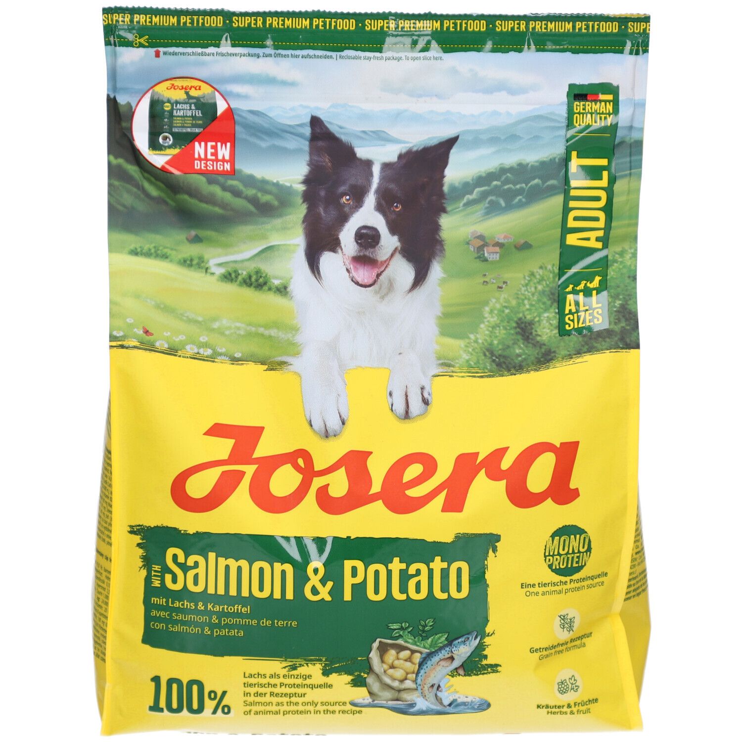Gelbe Verpackung mit Hund, Produktname JOSERA Salmon & Potato. Text: Adult, Lachs & Kartoffel, Mono Protein, 100%.