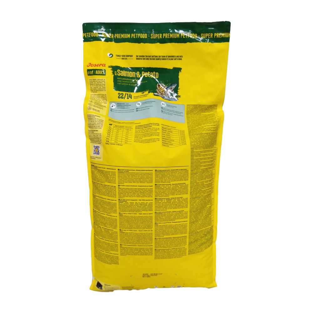 Rückseite des gelben Beutels. Text und Informationen. Aufschrift "JOSERA Salmon & Potato". Grün-gelbe Details.