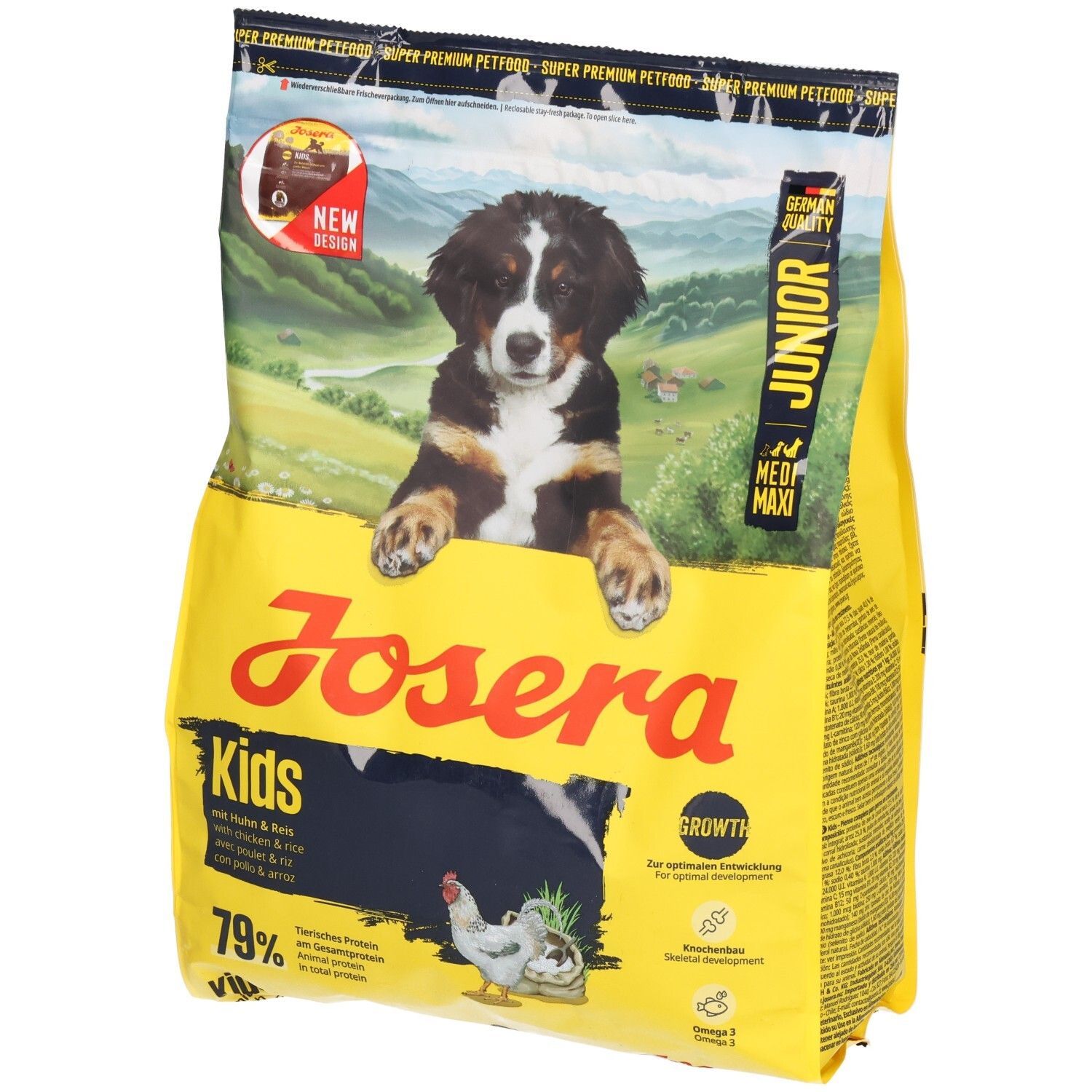 Gelbe Verpackung mit JOSERA Kids-Aufdruck. Abbildung eines Welpen. Text: Junior, Growth, 79%.