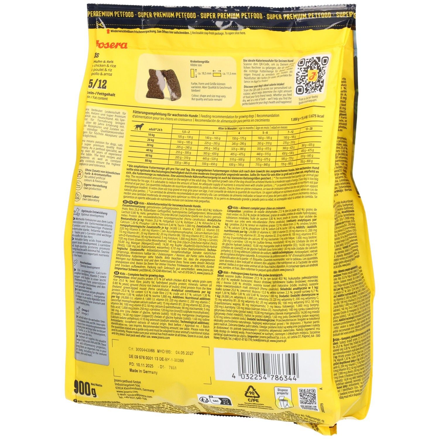 Rückseite der gelben JOSERA Kids-Verpackung. Text und Tabellen. Gewicht: 900g.