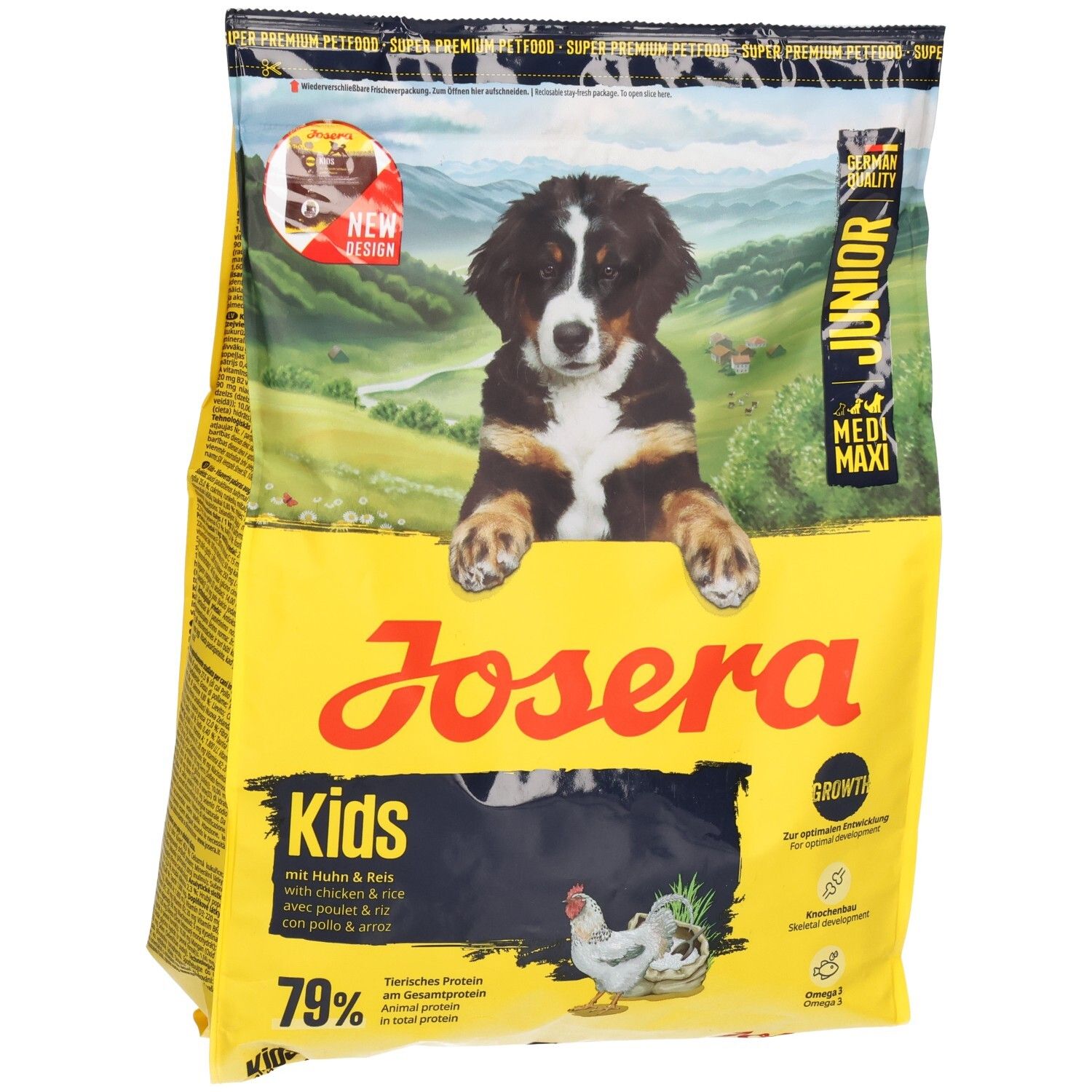Gelbe Verpackung mit JOSERA Kids-Aufdruck. Abbildung eines Welpen. Text: Junior, Growth, 79%.