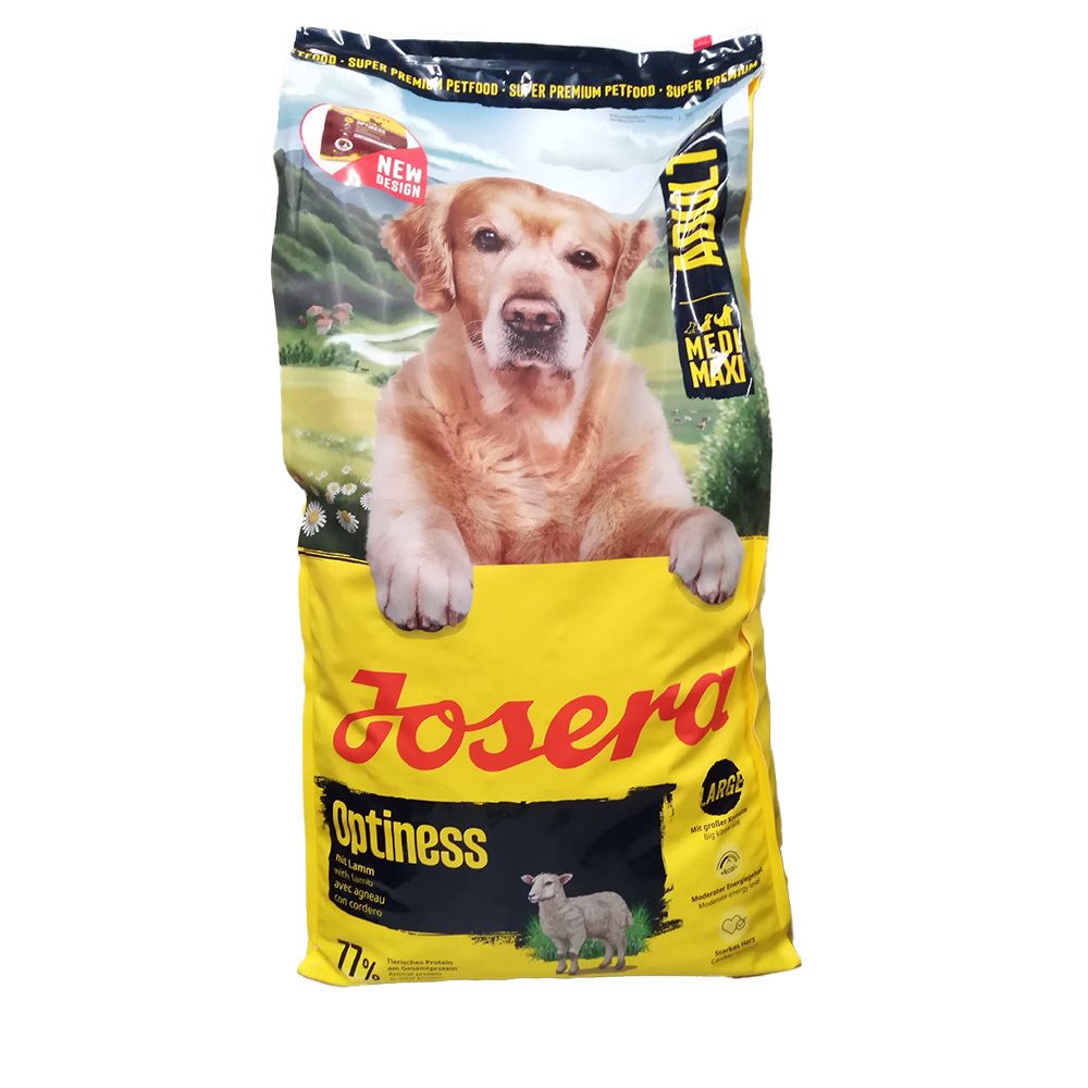 Gelber Beutel mit Hund und Produktname Optiness. Aufschrift Josera. Enthält 77% tierische Proteine. Abgebildet ist ein Lamm.
