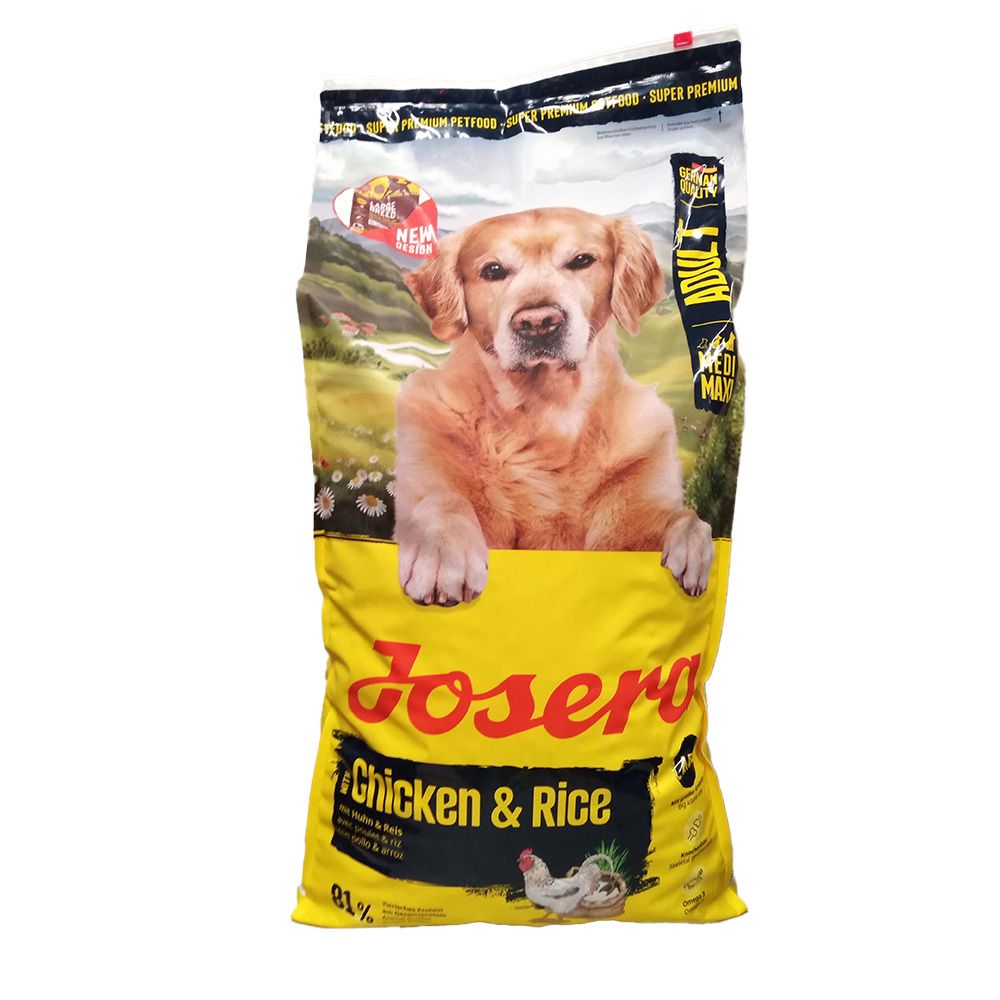 Gelber Beutel mit Hund. Aufschrift: Josera Chicken & Rice. Enthält 81% tierische Proteine. Abbildung eines Golden Retrievers.