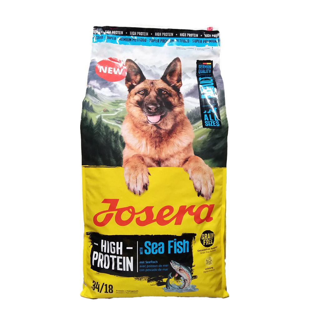 Josera Trockenfutter-Beutel. Gelb, mit Hund und Produktinformationen. "High Protein Sea Fish" und "Grain Free" sind sichtbar.