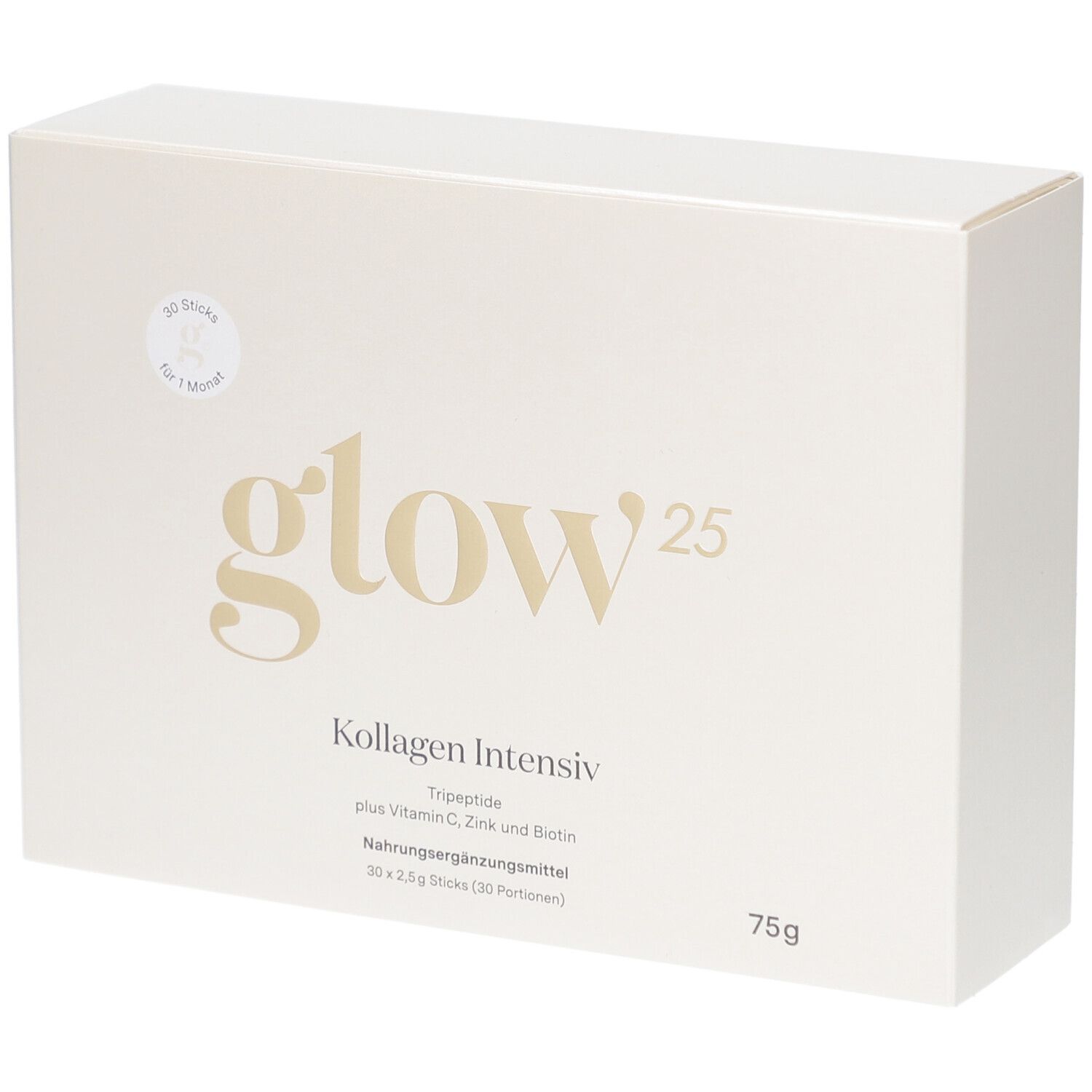 Weiße Produktverpackung mit goldfarbenem Schriftzug Glow25, Kollagen Intensiv. Enthält 30 Sticks. 75g.