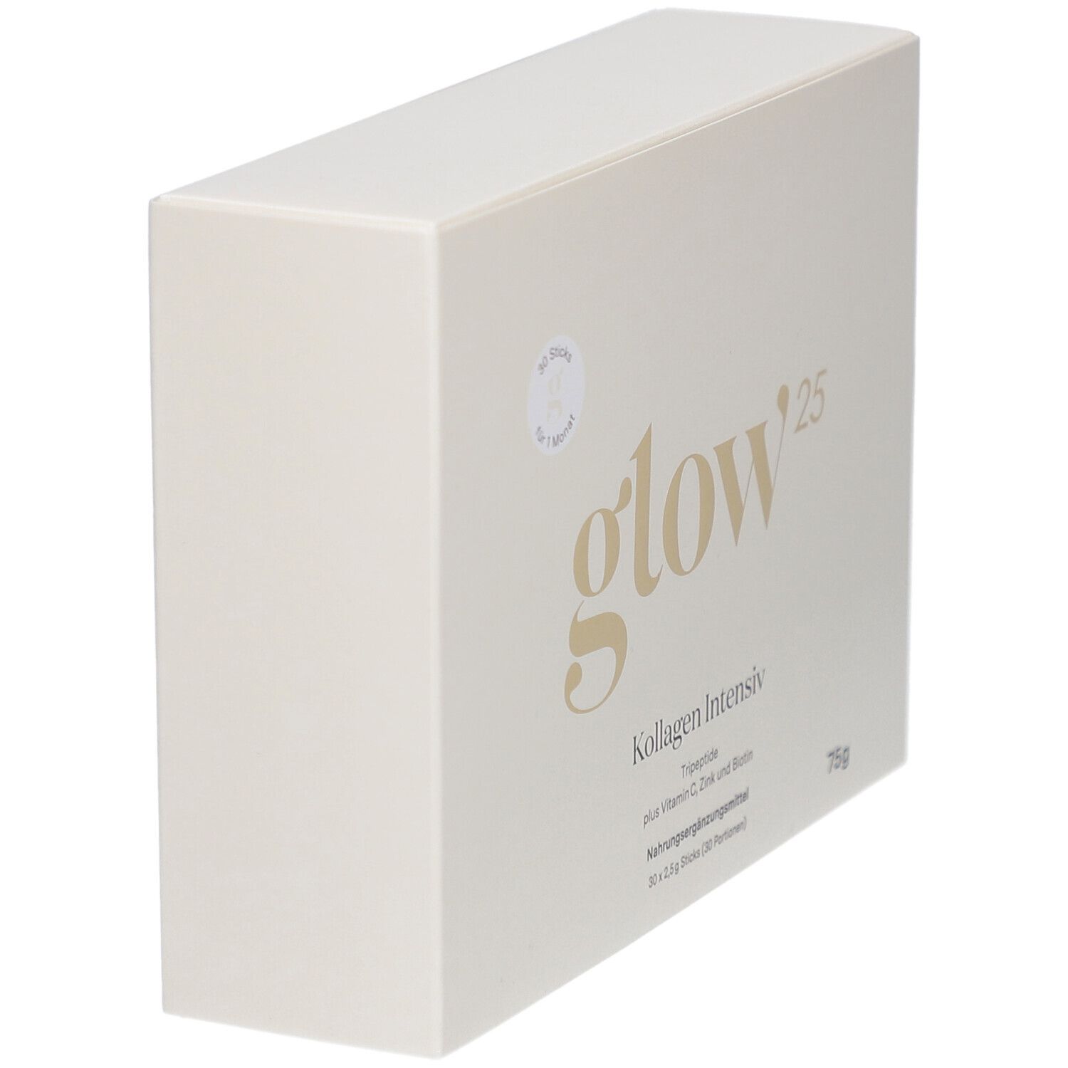 Weiße Produktverpackung, Glow25 Kollagen Intensiv. Goldfarbener Schriftzug. Enthält 75g. Eckansicht.
