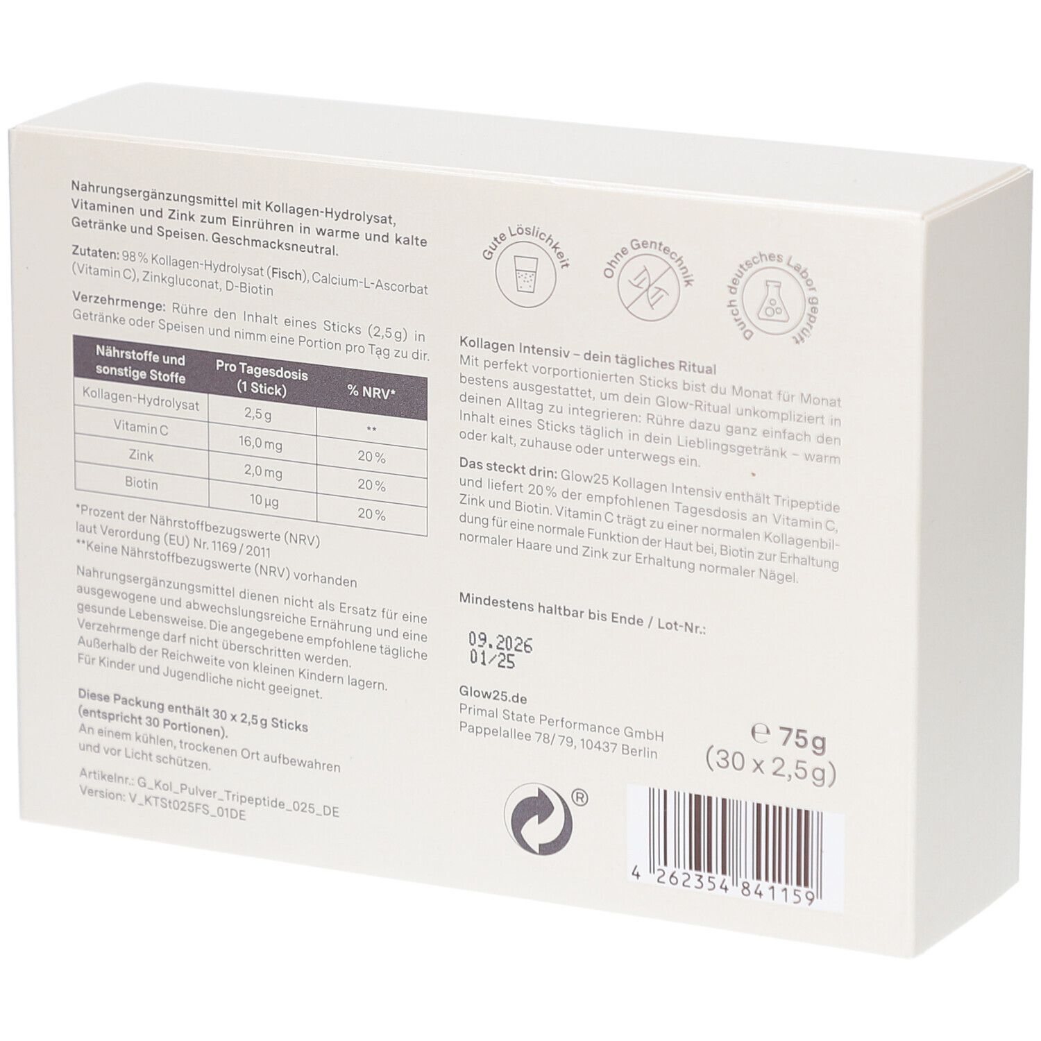 Rückseite der weißen Produktverpackung. Enthält Informationen zu Inhaltsstoffen, Nährwerten und Haltbarkeit.