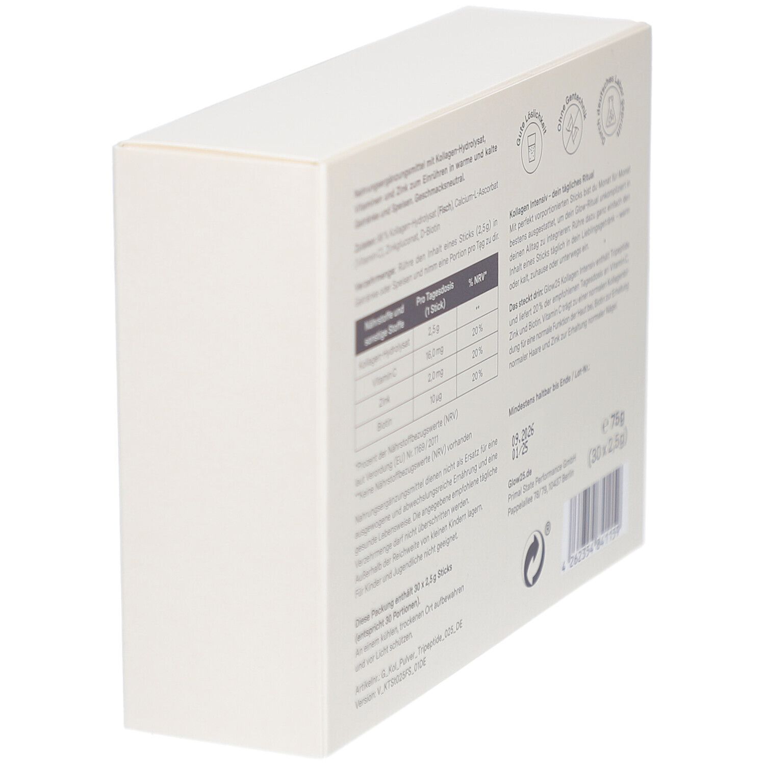 Weiße Produktverpackung, Rückansicht. Enthält Informationen zu Inhaltsstoffen, Nährwerten und Haltbarkeit.